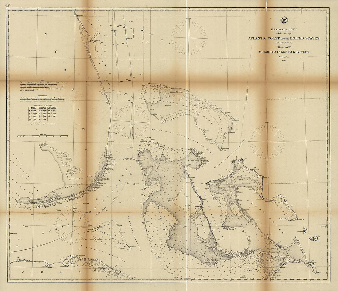 This old map of Atlantic Coast of the United States (in Four Sheets) : Sheet No. IV, Mosquito Inlet to Key West from 1863 was created by A. D. (Alexander Dallas) Bache, United States Coast Survey in 1863