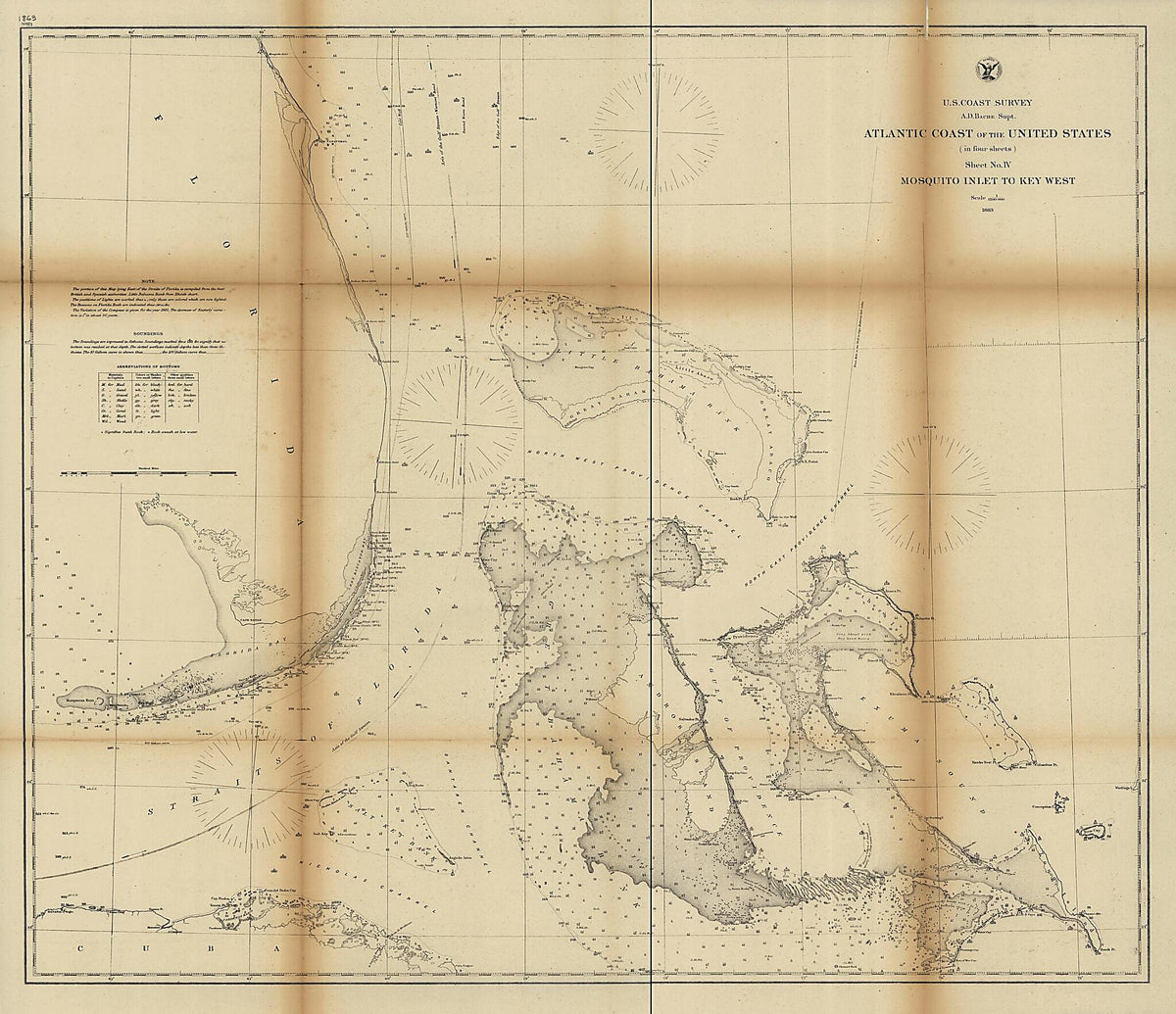 Atlantic Coast of the United States (in Four Sheets) : Sheet No. IV, Mosquito Inlet to Key West 1863 by Relic Map Company