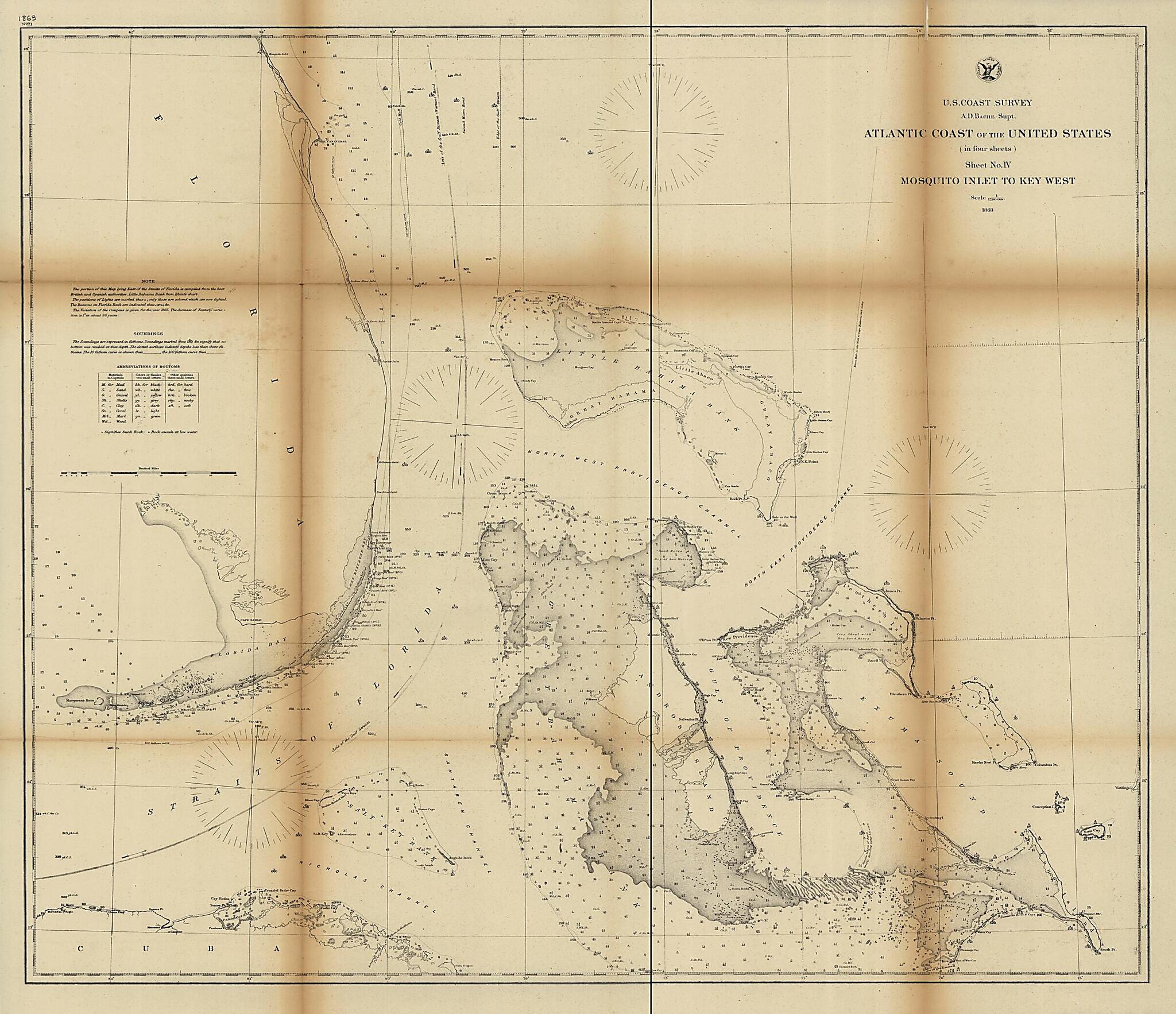 This old map of Atlantic Coast of the United States (in Four Sheets) : Sheet No. IV, Mosquito Inlet to Key West from 1863 was created by A. D. (Alexander Dallas) Bache, United States Coast Survey in 1863
