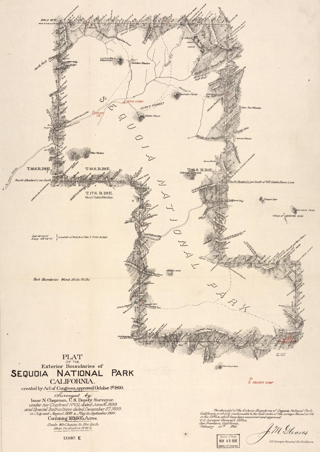This old map of Plat of the Exterior Boundaries of Sequoia National Park, California : Created by Act of Congress, Approved October 1st, 1890 from 1901 was created by Isaac N. Chapman, United States. Superintendent of Sequoia and General Grant National