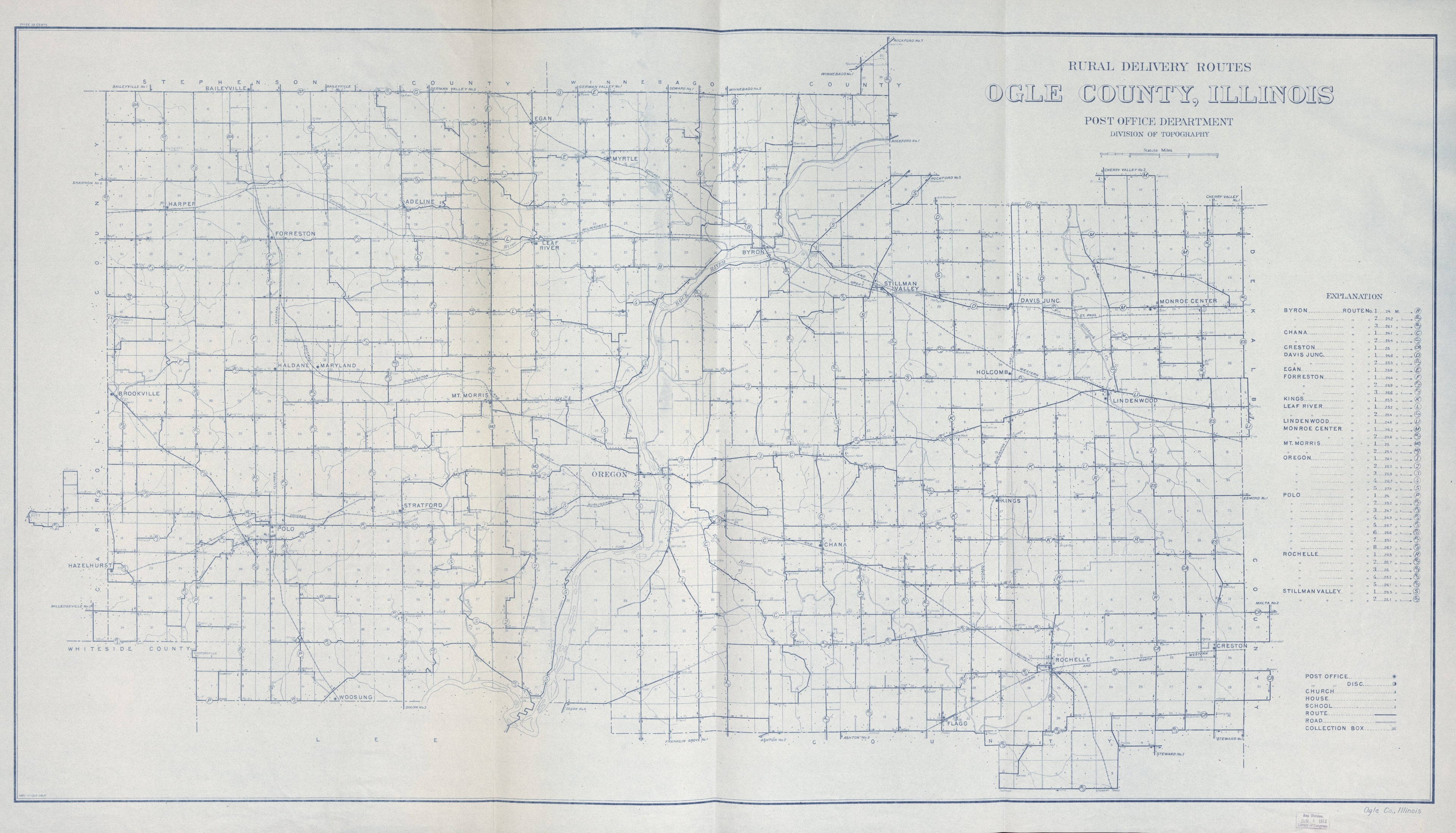 This old map of Rural Delivery Routes, Ogle County, Illinois from 1912 was created by United States. Post Office Department. Division of Topography in 1912