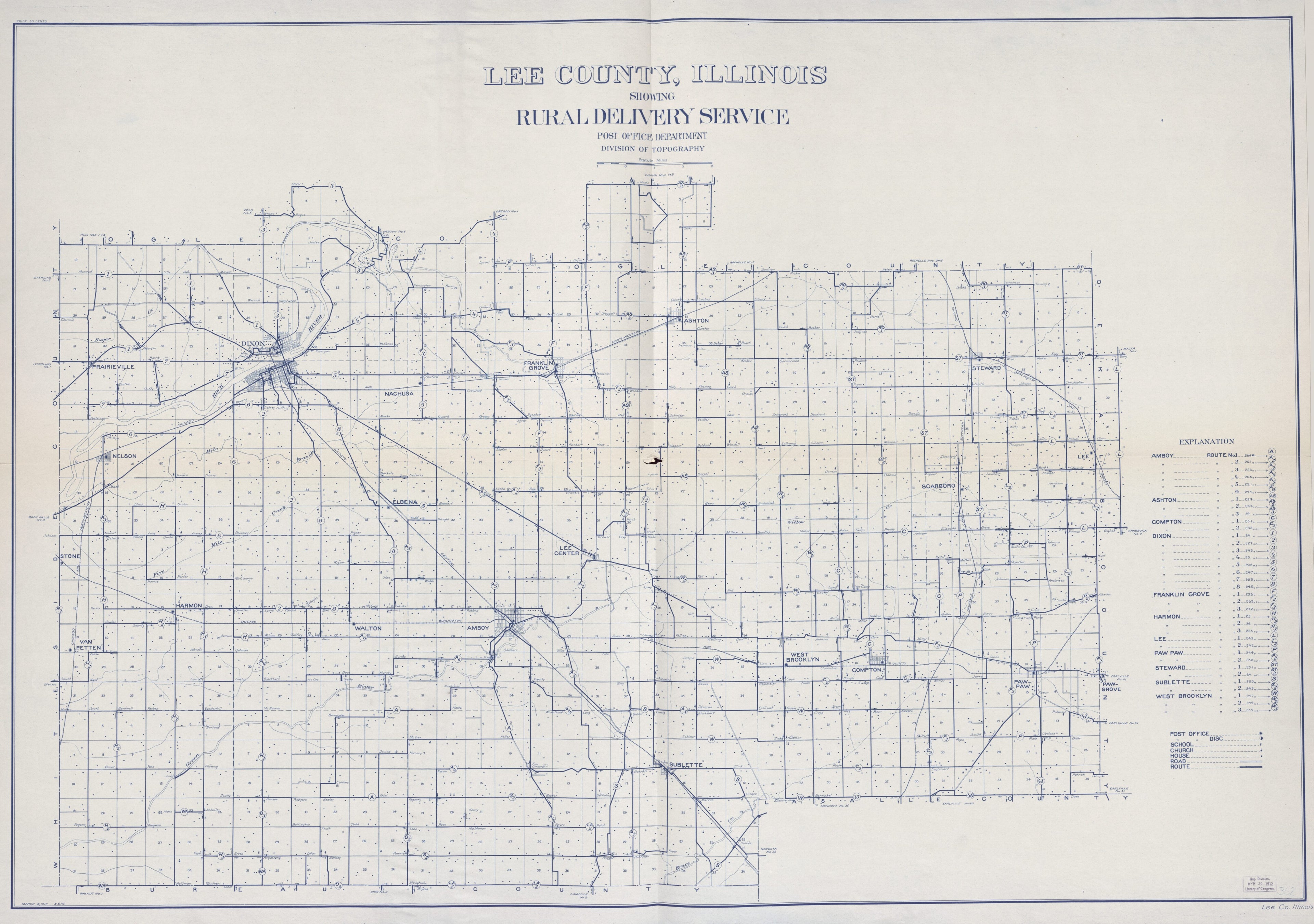 This old map of Lee County, Illinois Showing Rural Delivery Service from 1912 was created by United States. Post Office Department. Division of Topography in 1912