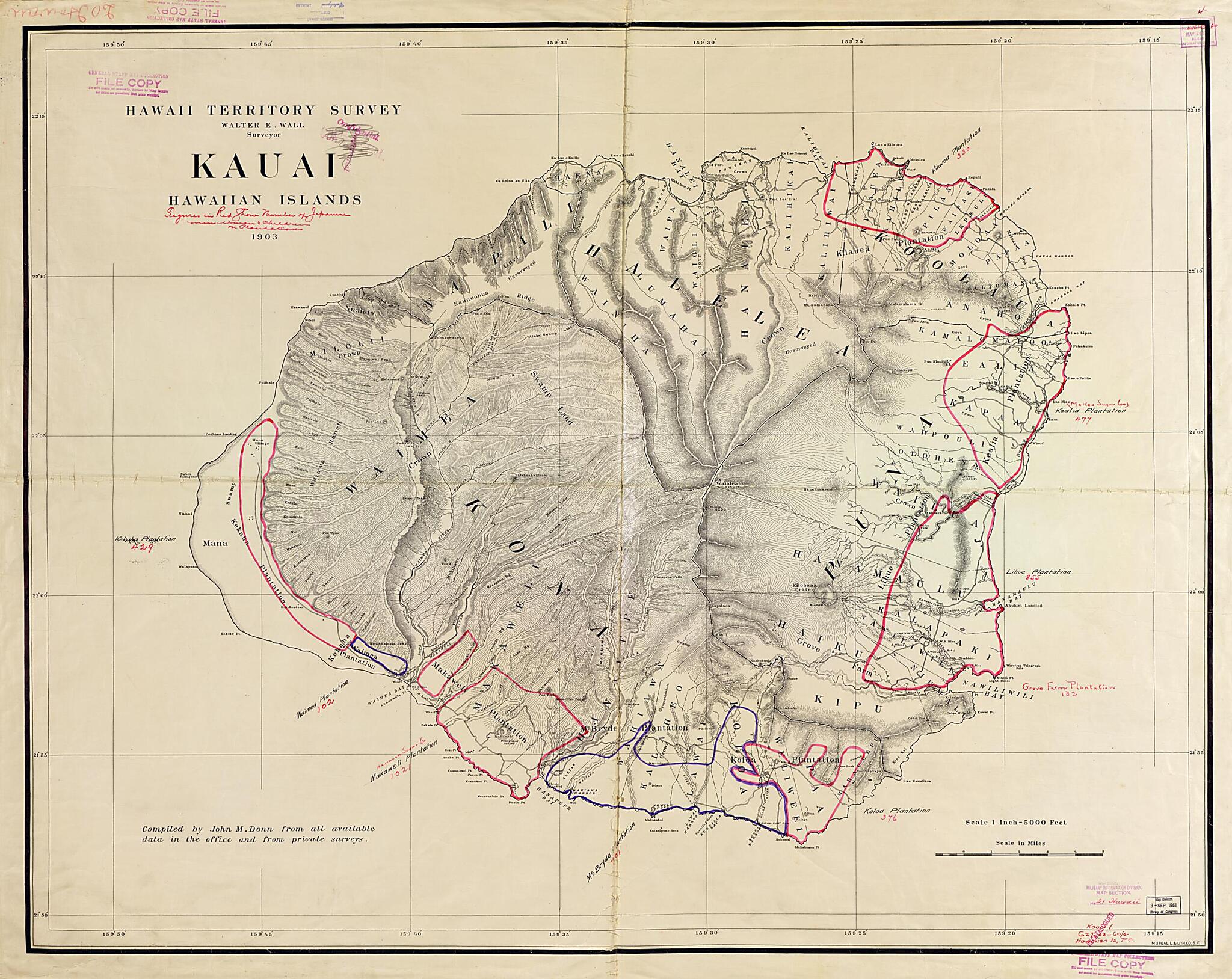 This old map of Kauai, Hawaiian Islands, from 1903 / $c Walter E. Wall, Surveyor ; Compiled by John M. Donn was created by John M. Donn, Hawaii Territory Survey, Walter E. Wall in 1903