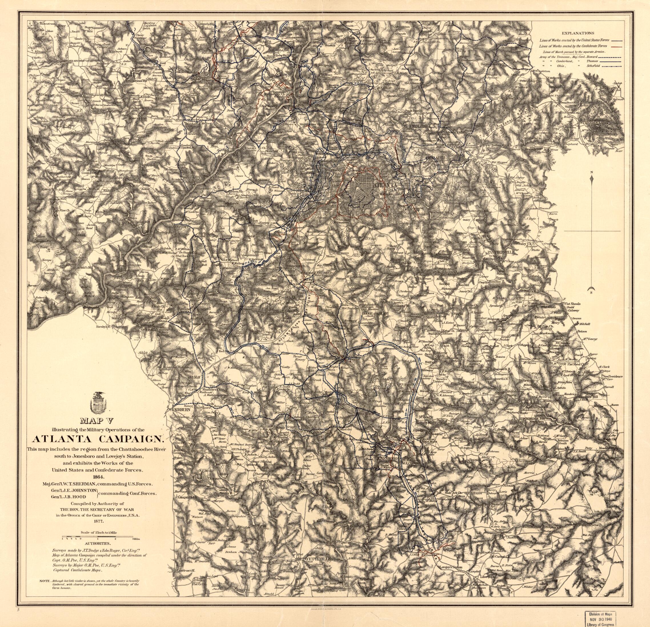 This old map of Maps Illustrating the Military Operations of the Atlanta Campaign.. 1864 from 1875 was created by Julius Bien & Co, United States. War Department. Office of the Chief of Engineers in 1875