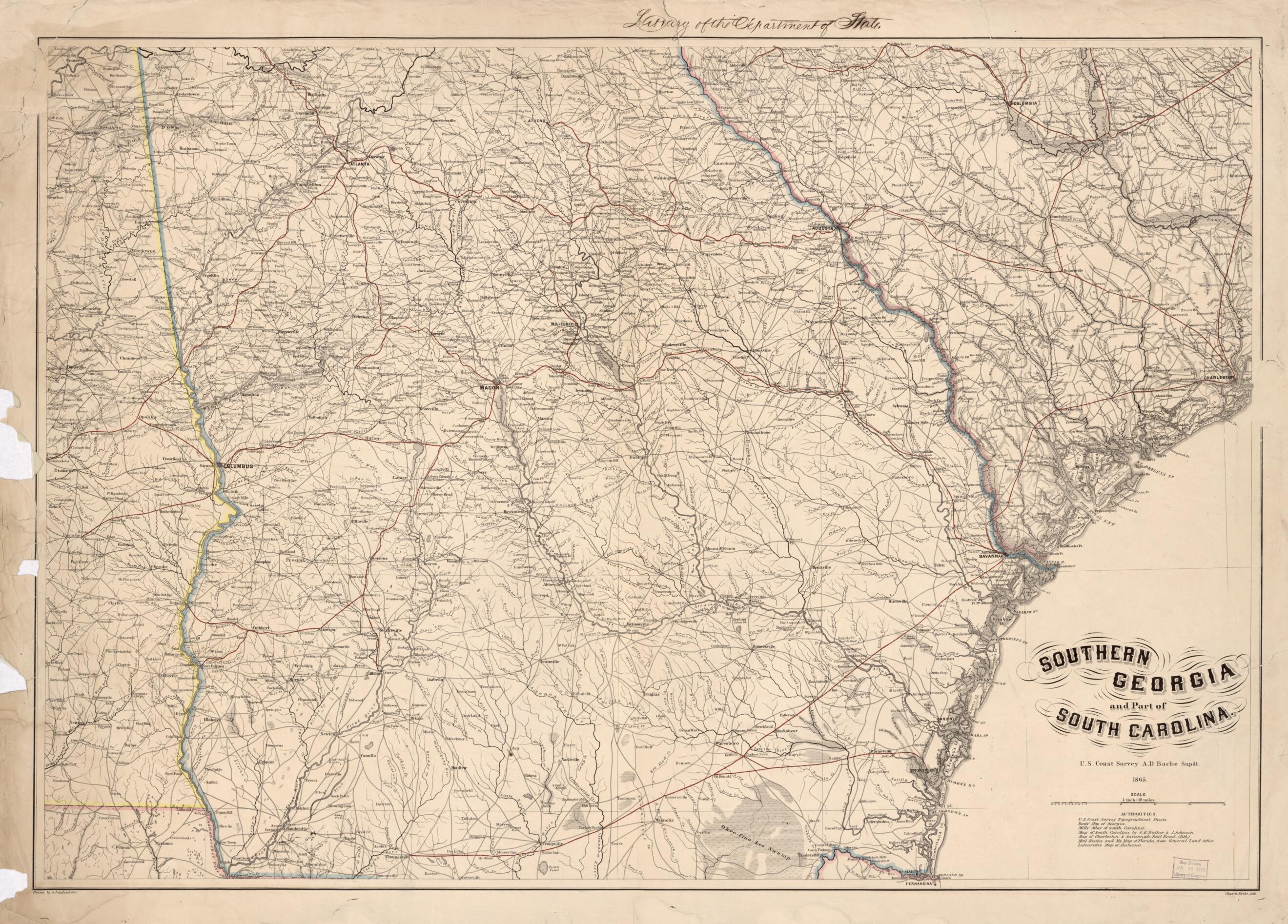 This old map of Southern Georgia and Part of South Carolina from 1865 was created by A. D. (Alexander Dallas) Bache, Charles G. Krebs, A. Lindenkohl, United States Coast Survey in 1865