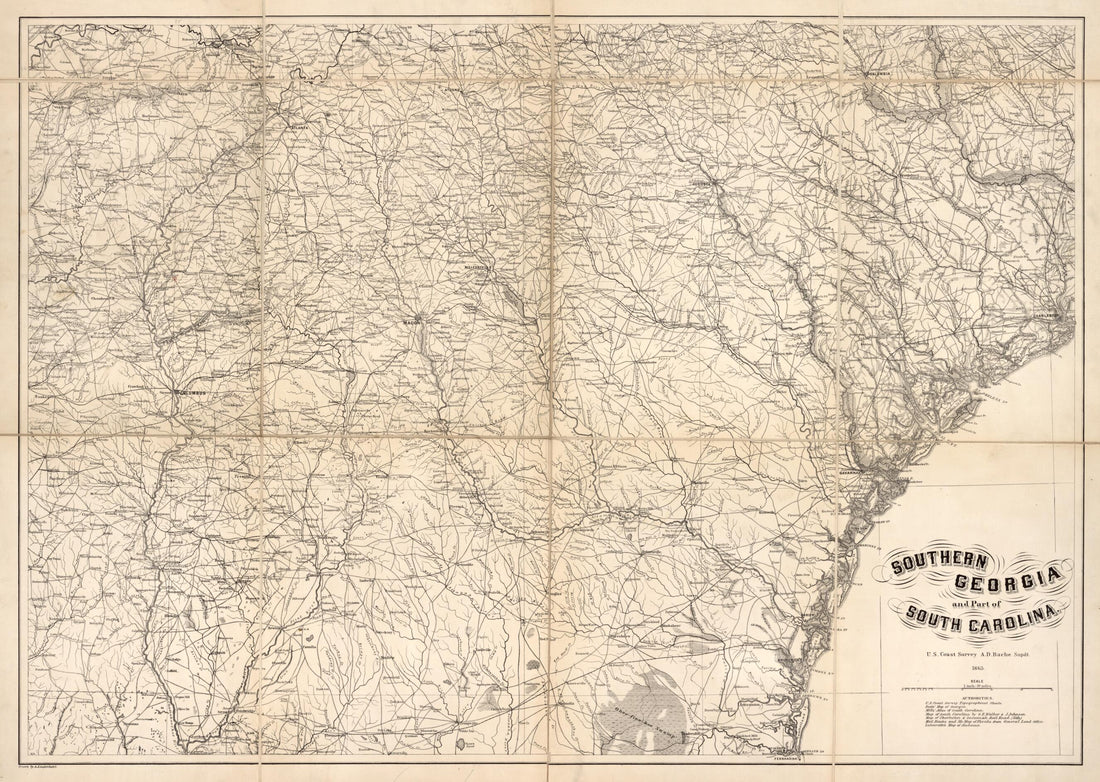 This old map of Southern Georgia and Part of South Carolina from 1865 was created by A. D. (Alexander Dallas) Bache, A. Lindenkohl, United States Coast Survey in 1865