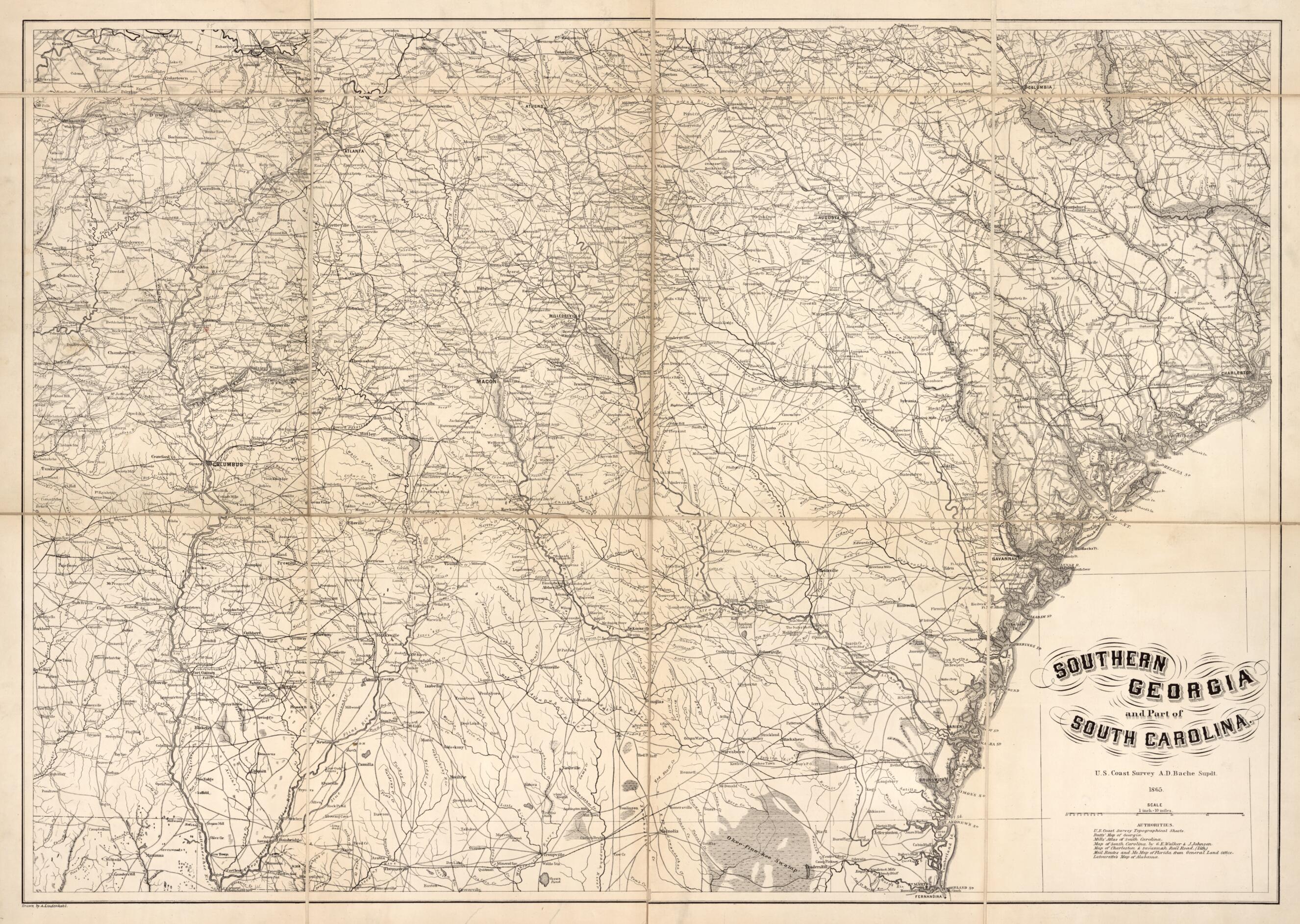 This old map of Southern Georgia and Part of South Carolina from 1865 was created by A. D. (Alexander Dallas) Bache, A. Lindenkohl, United States Coast Survey in 1865