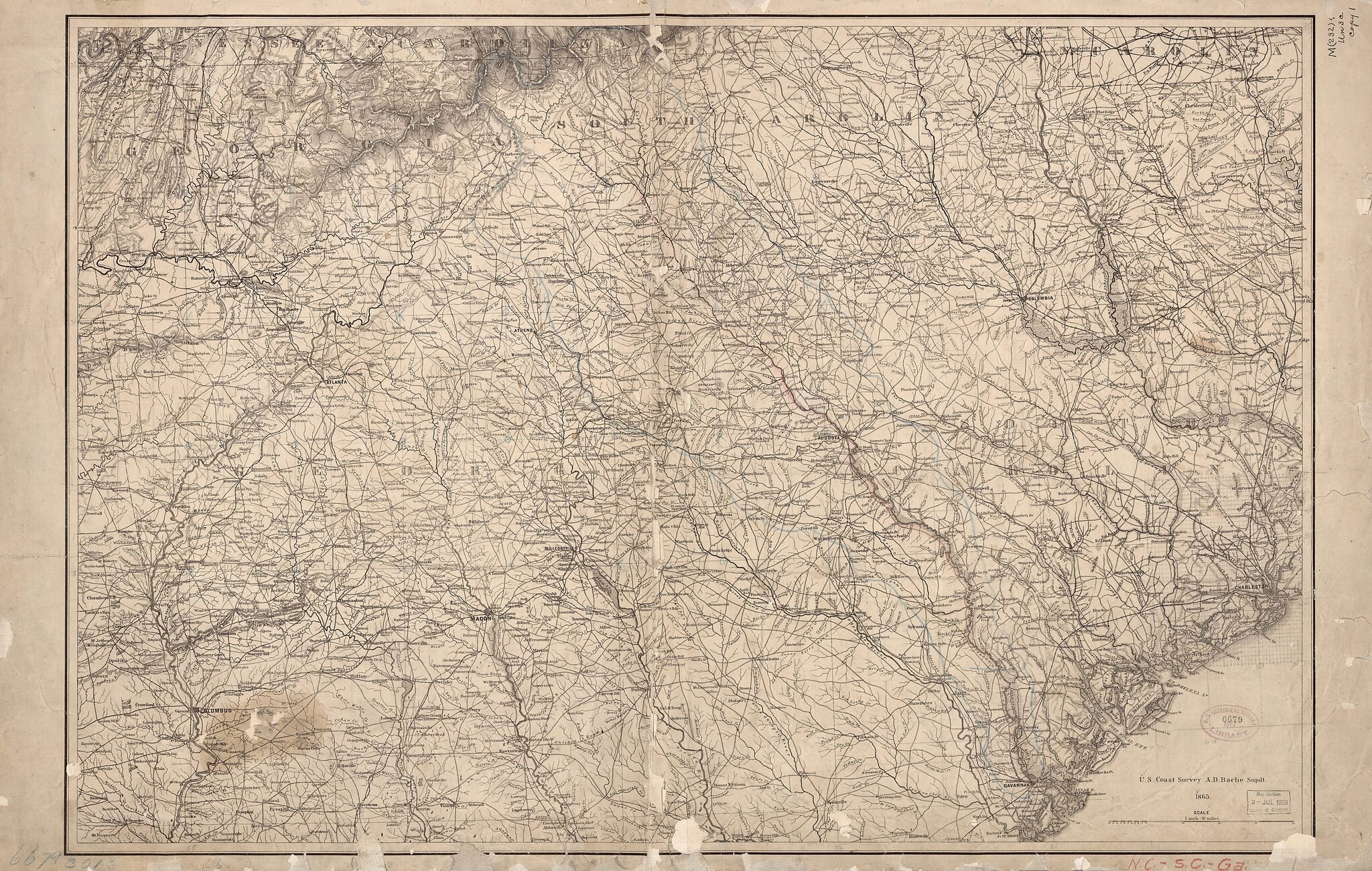 This old map of Northern Georgia and Western and Central South Carolina from 1865 was created by A. Lindenkohl, United States Coast Survey in 1865