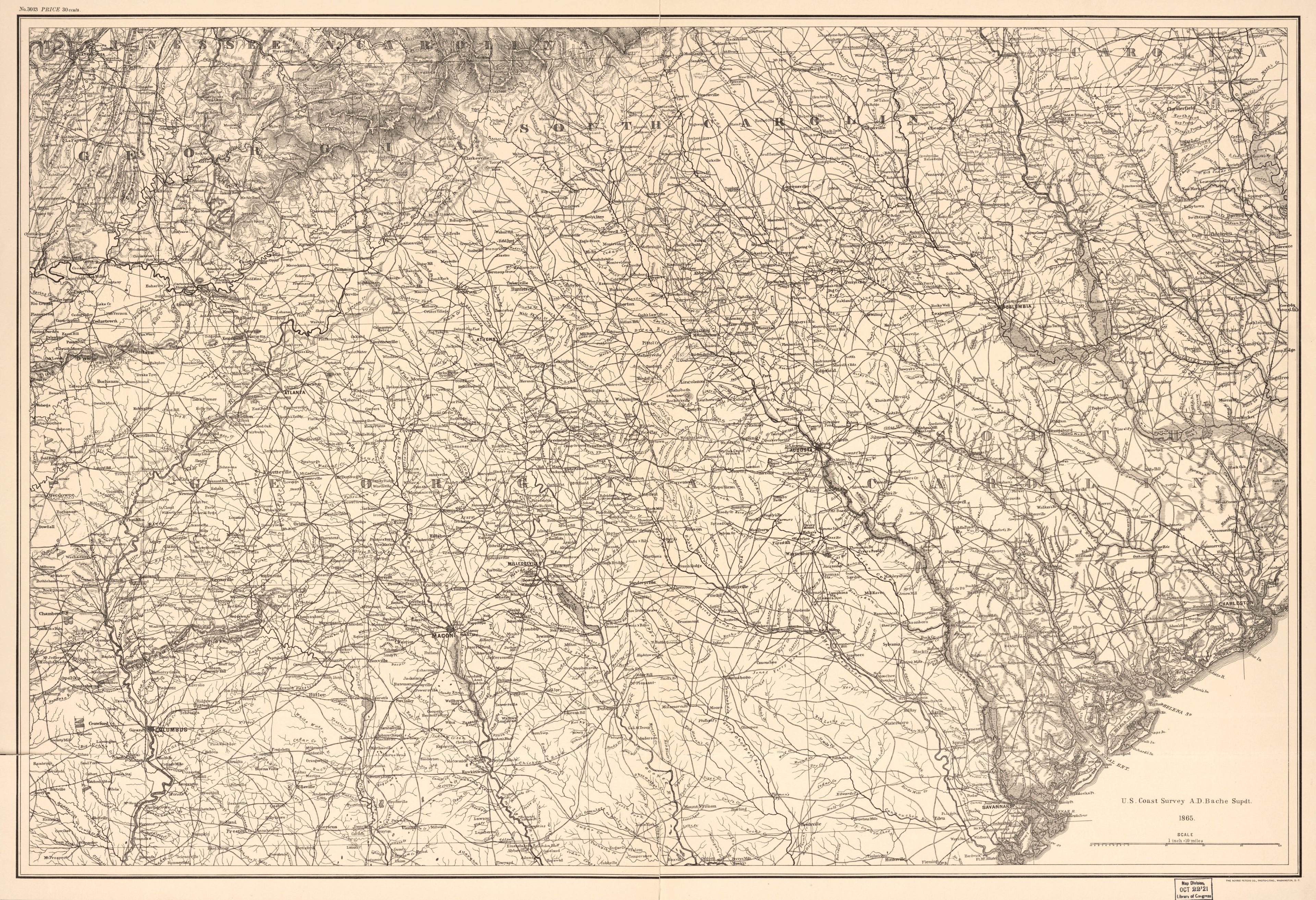 This old map of Northern Georgia and Western and Central South Carolina from 1865 was created by A. Lindenkohl, United States Coast Survey in 1865