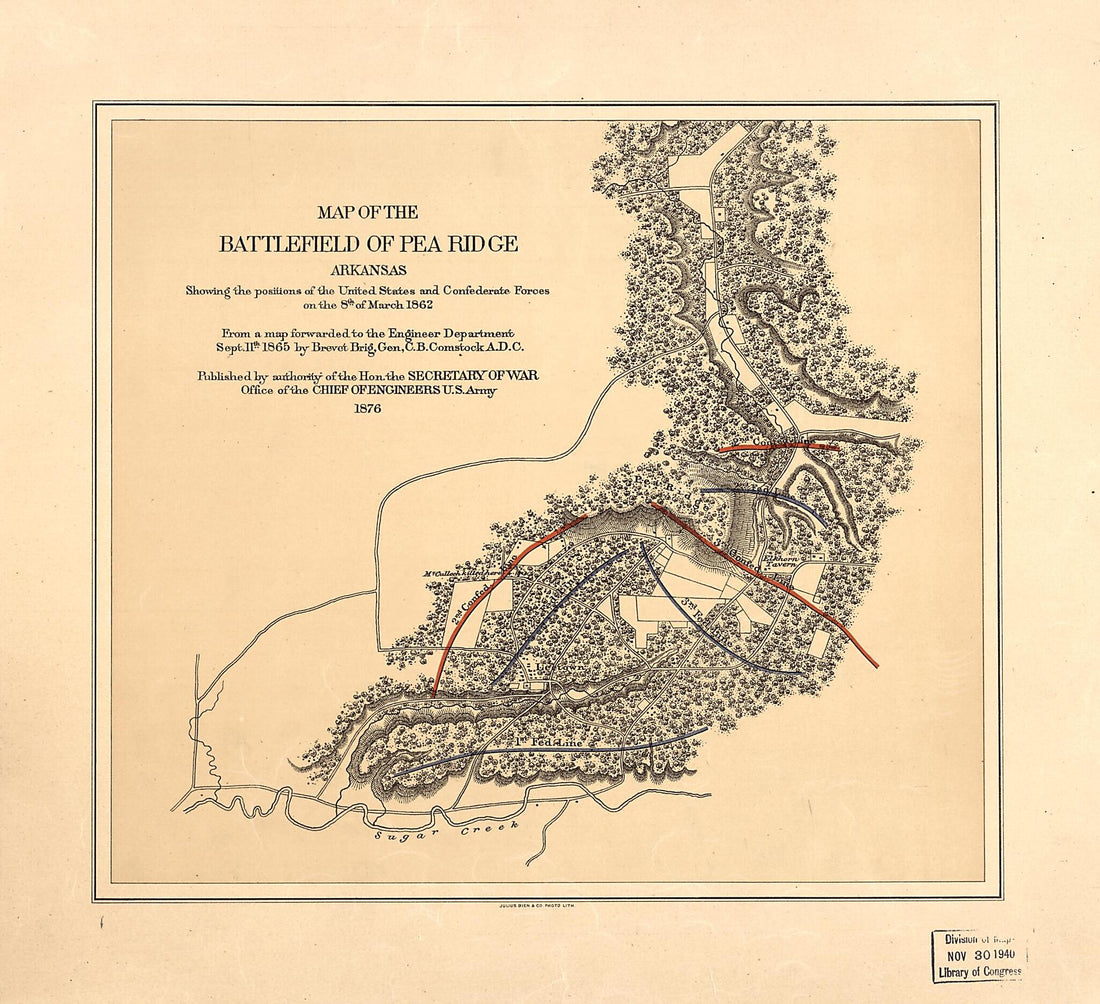 This old map of Map of the Battlefield of Pea Ridge, Arkansas, Showing the Positions of the United States and Confederate Forces On the 8th of March 1862 from 1876 was created by United States. Army. Corps of Engineers in 1876