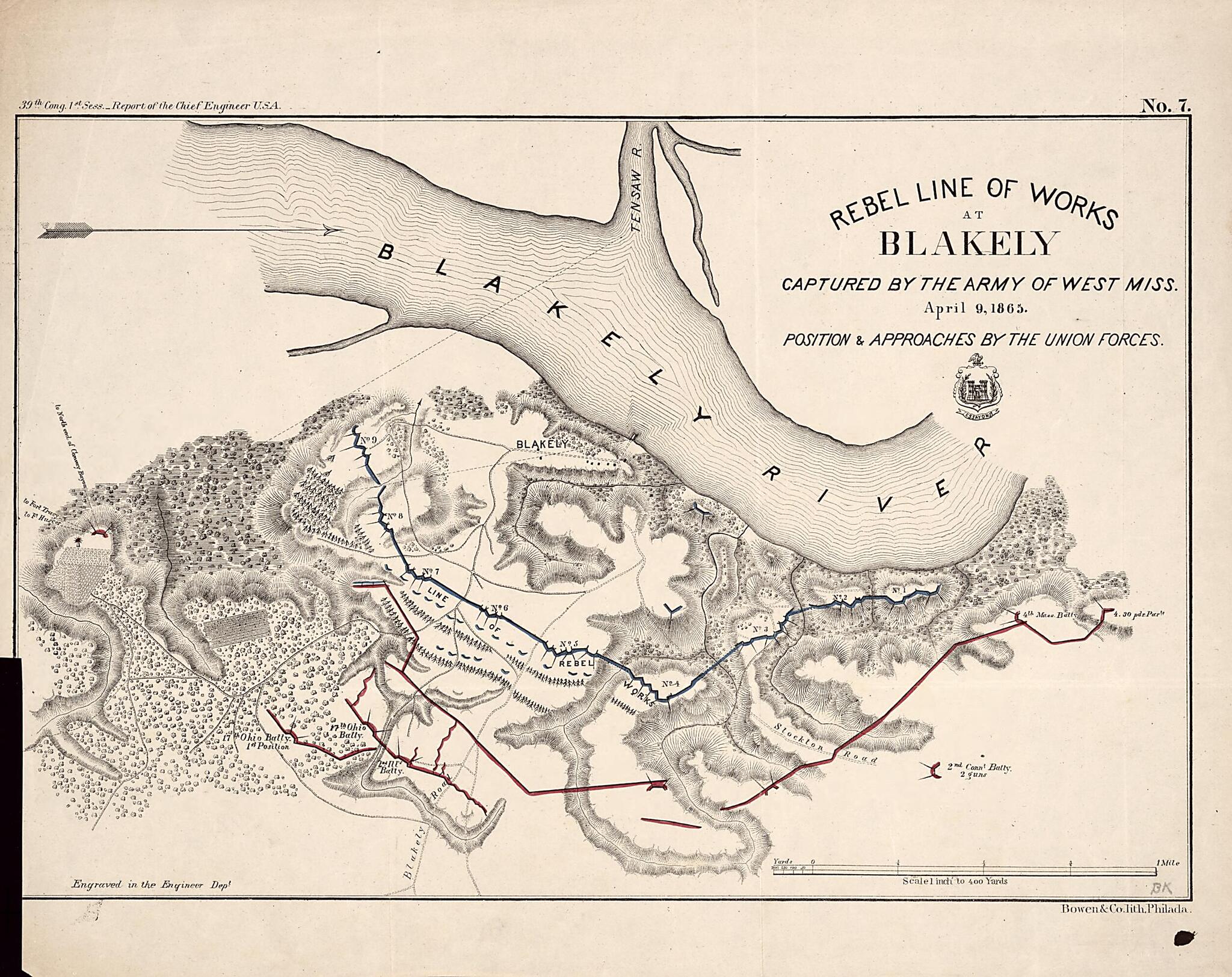 Rebel Line of Works at Blakely : Captured by the Army of West Mississippi, April 9, 1865 Position & Approaches by the Union Forces by Relic Map Company