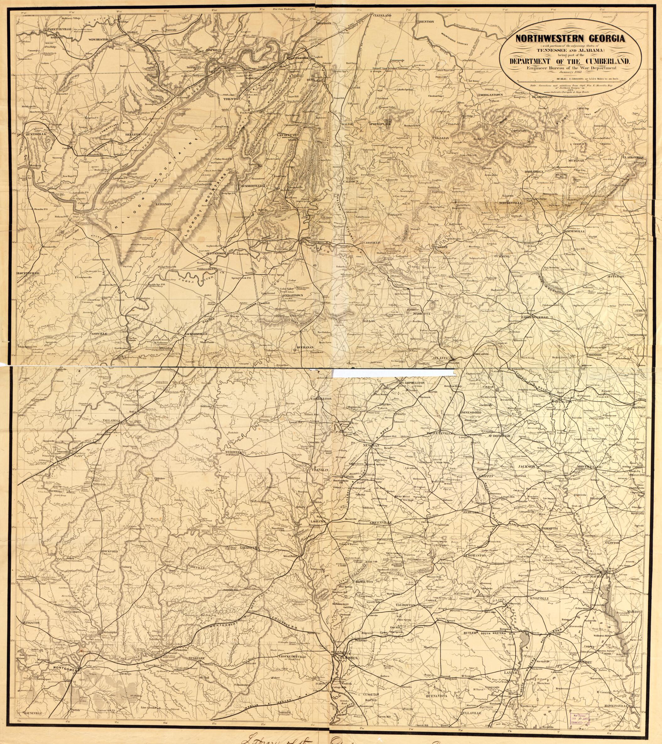 This old map of Northwestern Georgia (with Portions of the Adjoining States of Tennessee and Alabama) Being Part of the Department of the Cumberland from 1864 was created by Denis Callahan, United States. War Department. Engineer Bureau in 1864
