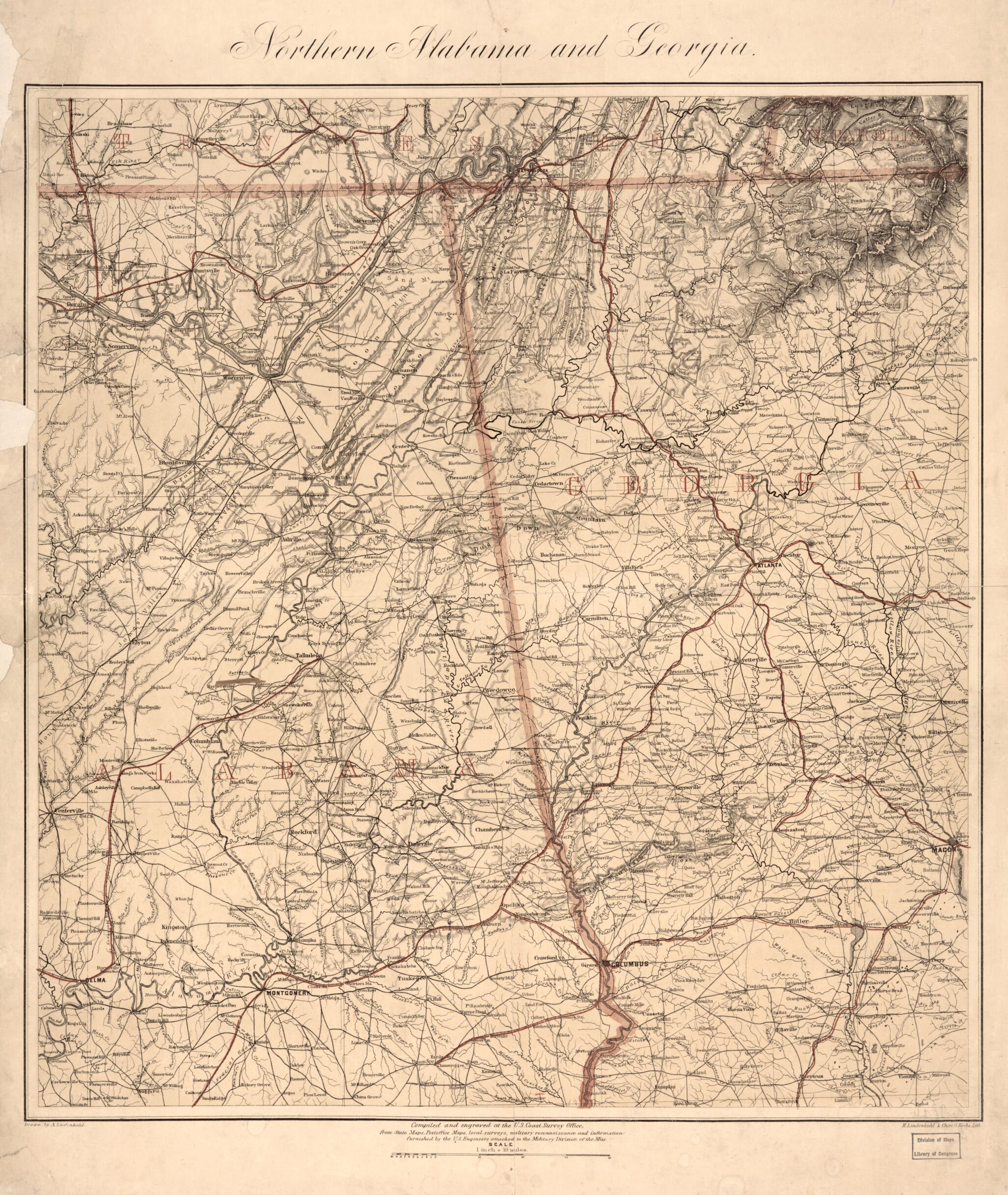 This old map of Northern Alabama and Georgia from 1864 was created by Charles G. Krebs, A. Lindenkohl, H. (Henry) Lindenkohl, United States Coast Survey in 1864