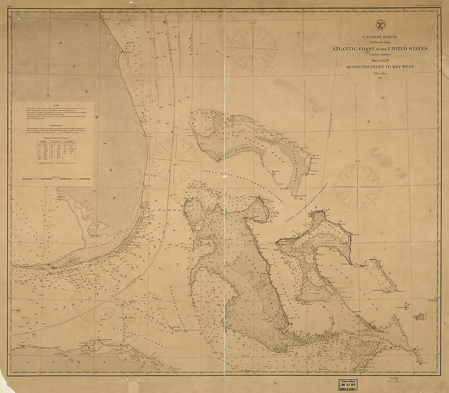 This old map of Atlantic Coast of the United States (in Four Sheets) : Sheet No. IV, Mosquito Inlet to Key West from 1863 was created by A. D. (Alexander Dallas) Bache,  United States Coast Survey in 1863