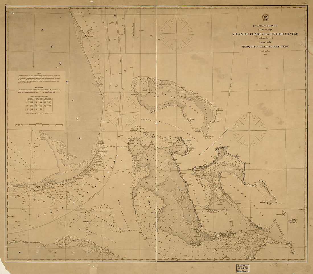 This old map of Atlantic Coast of the United States (in Four Sheets) : Sheet No. IV, Mosquito Inlet to Key West from 1863 was created by A. D. (Alexander Dallas) Bache, United States Coast Survey in 1863