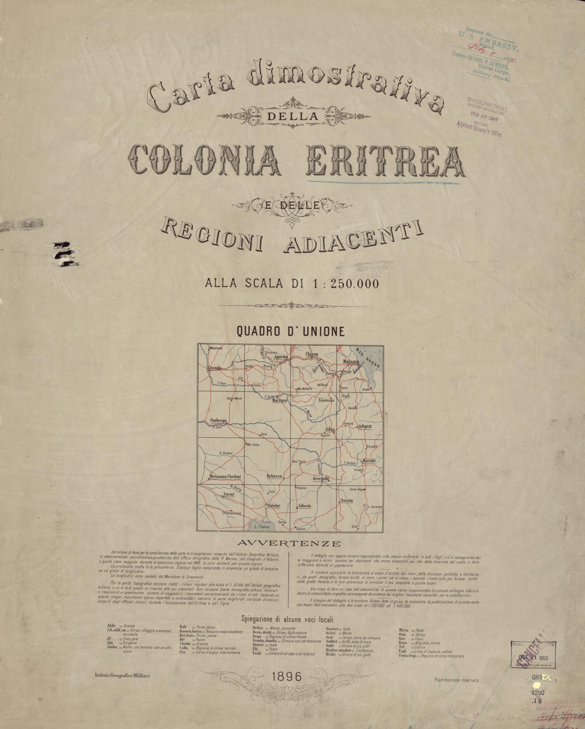 This old map of Carta Dimostrativa Della Colonia Eritrea E Delle Regioni Adiacenti Alla Scala Di 1:250,000 from 1896 was created by Istituto Geografico Militare (Italy) in 1896