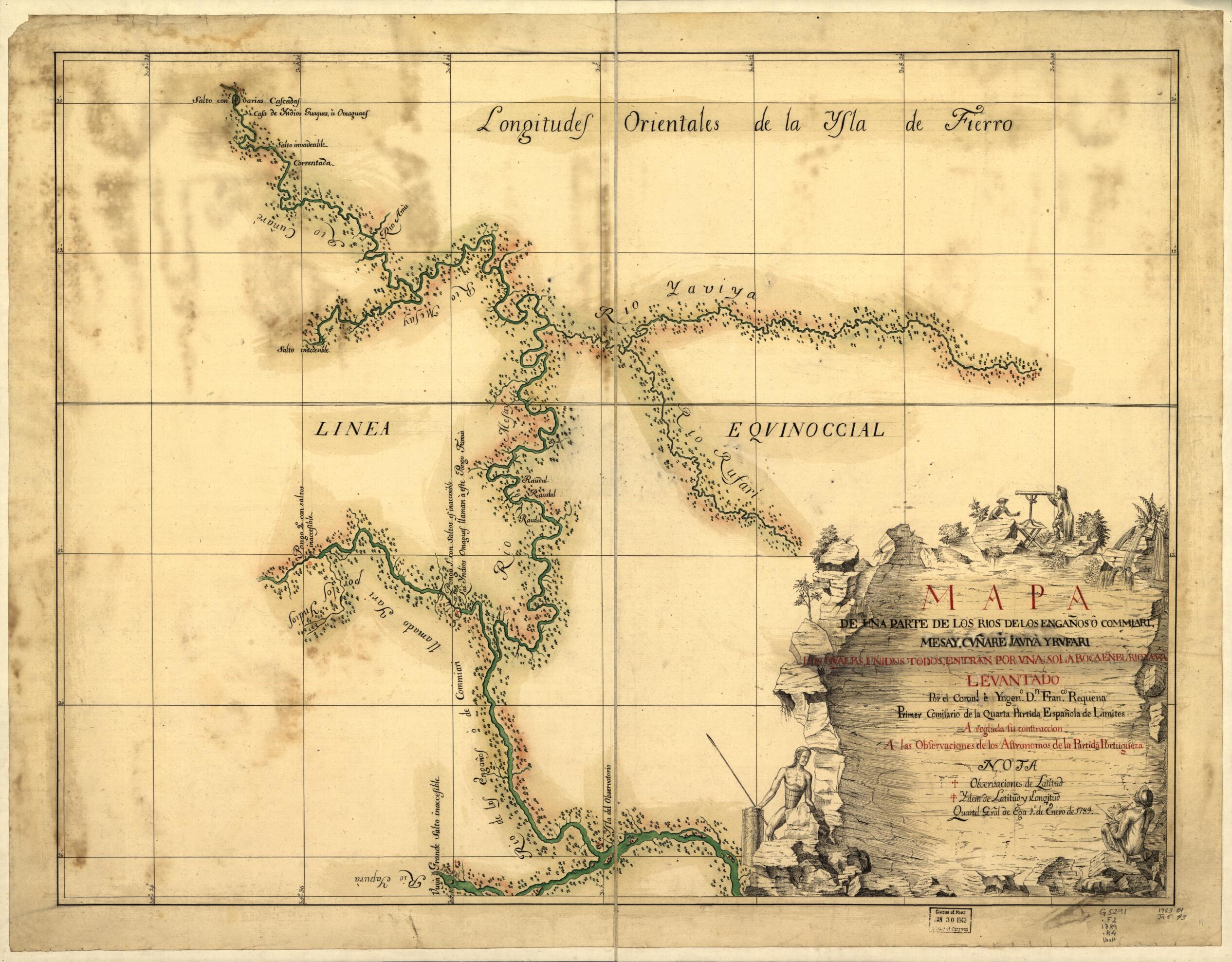 This old map of Mapa De Una Parte De Los Rios De Los Engaños O Commiari, Mesay, Cuñaré, Jauiyá Y Rufari : Los Quales, Unidos Todos, Entran Por Una Sola Boca En El Rio Yapurá from 1789 was created by Francisco Requena in 1789