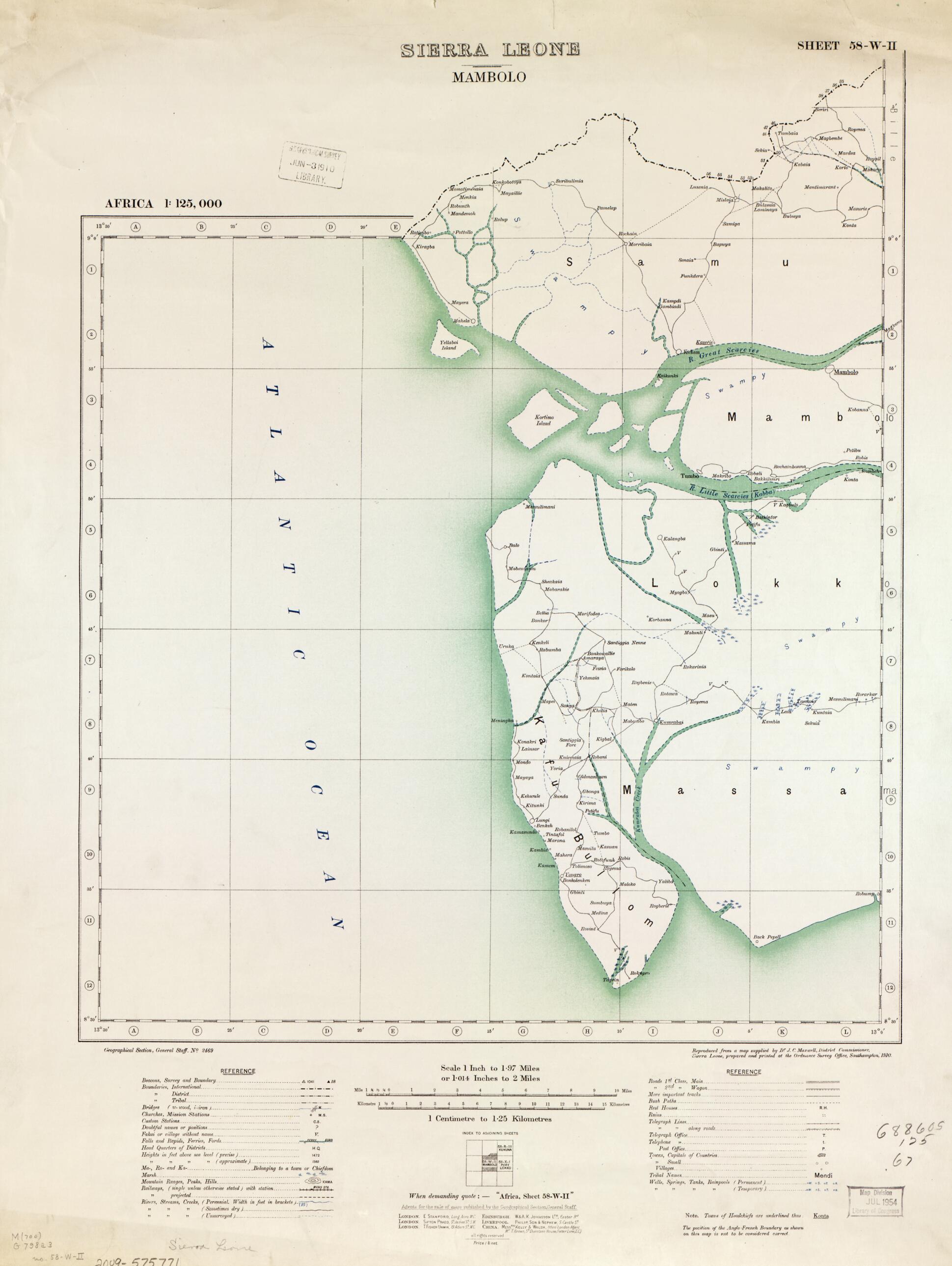 This old map of Africa 1:125,000 Sierra Leone from 1910 was created by Great Britain. War Office. General Staff. Geographical Section in 1910