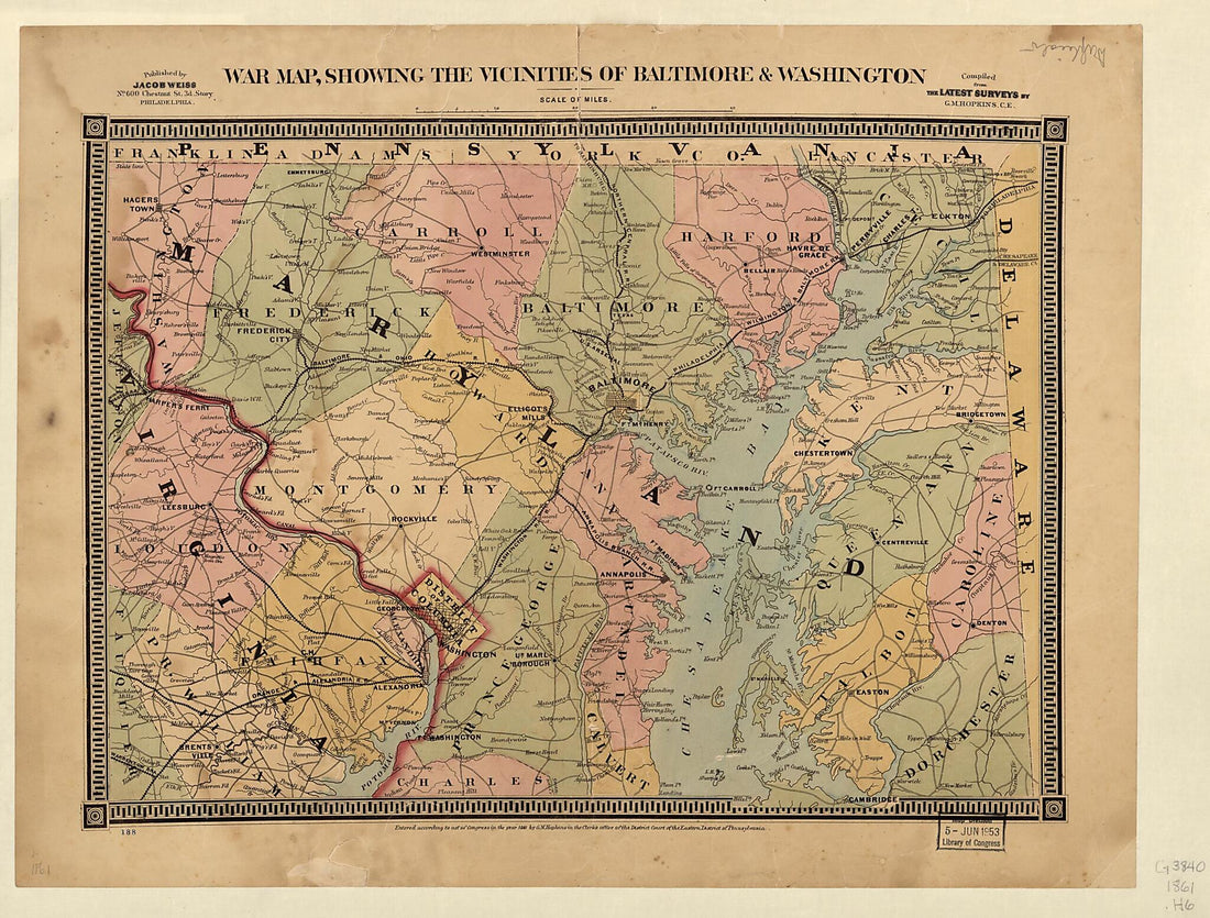 This old map of War Map, Showing the Vicinities of Baltimore & Washington from 1861 was created by Griffith Morgan Hopkins in 1861