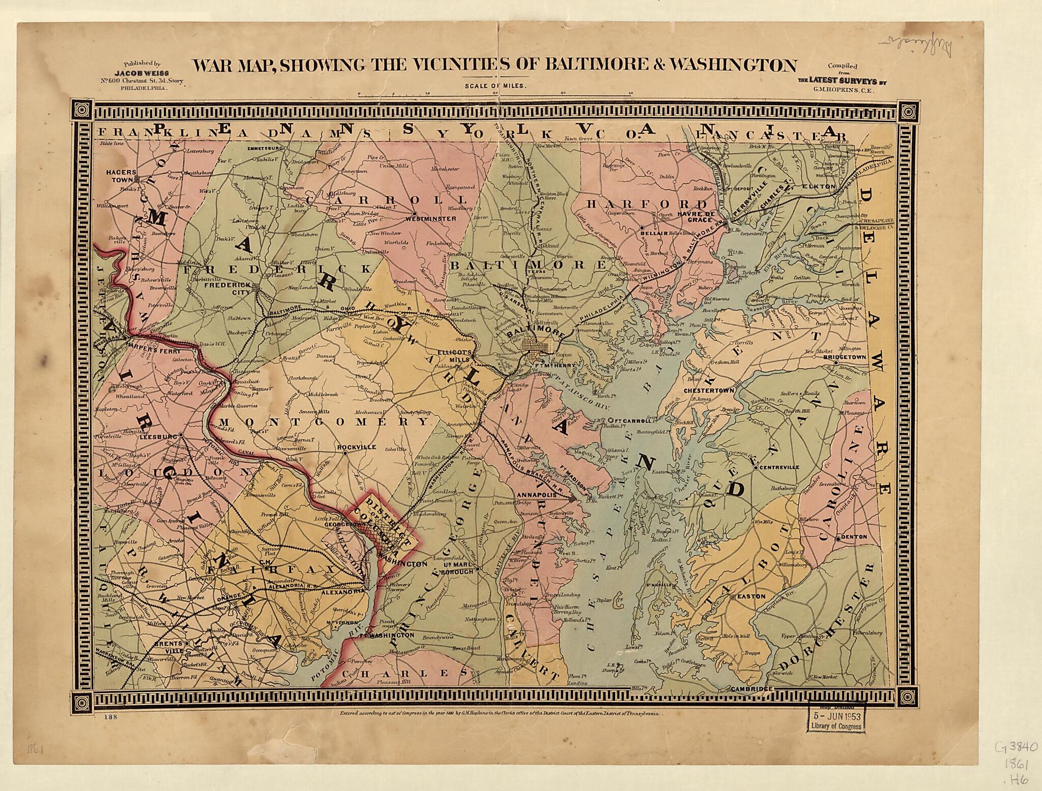This old map of War Map, Showing the Vicinities of Baltimore & Washington from 1861 was created by Griffith Morgan Hopkins in 1861