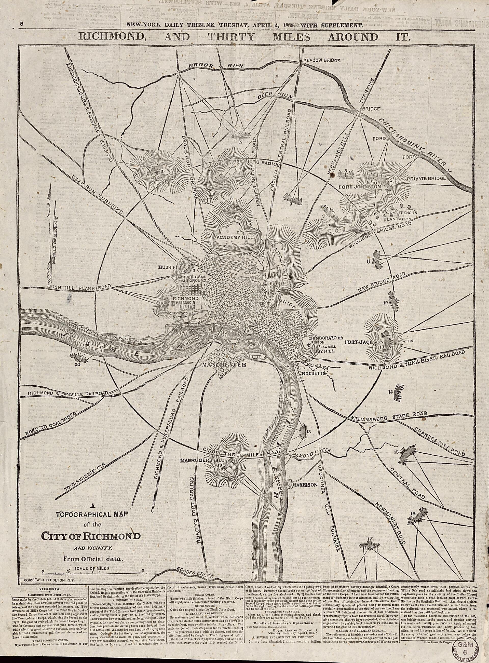 This old map of A Topographical Map of the City of Richmond and Vicinity : from Official Data (Richmond and Thirty Miles Around It) from 1865 was created by G. Woolworth (George Woolworth) Colton in 1865