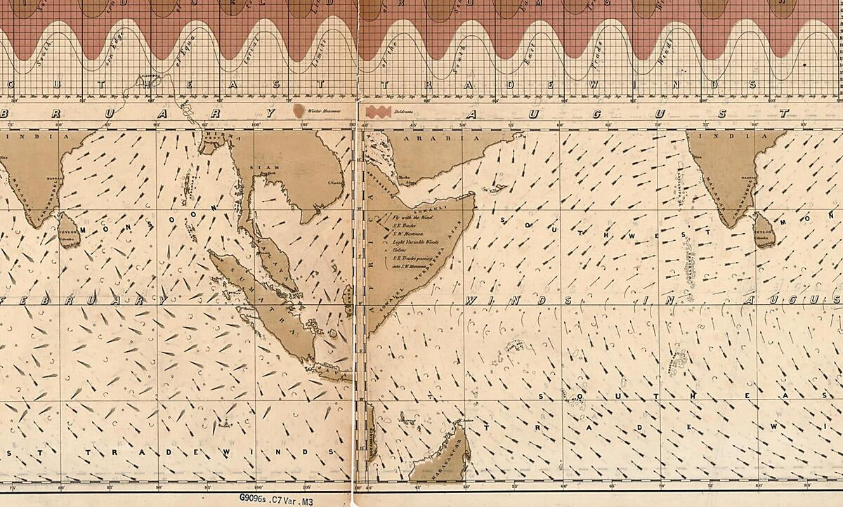 This old map of Monsoon & Trade Wind Chart of the Indian Ocean (Wind and Current Charts, Monsoon and Trade Wind Chart of the Indian Ocean, Indian Ocean) from 1859 was created by John Julien Guthrie, Matthew Fontaine Maury, R. L. May,  United States Naval