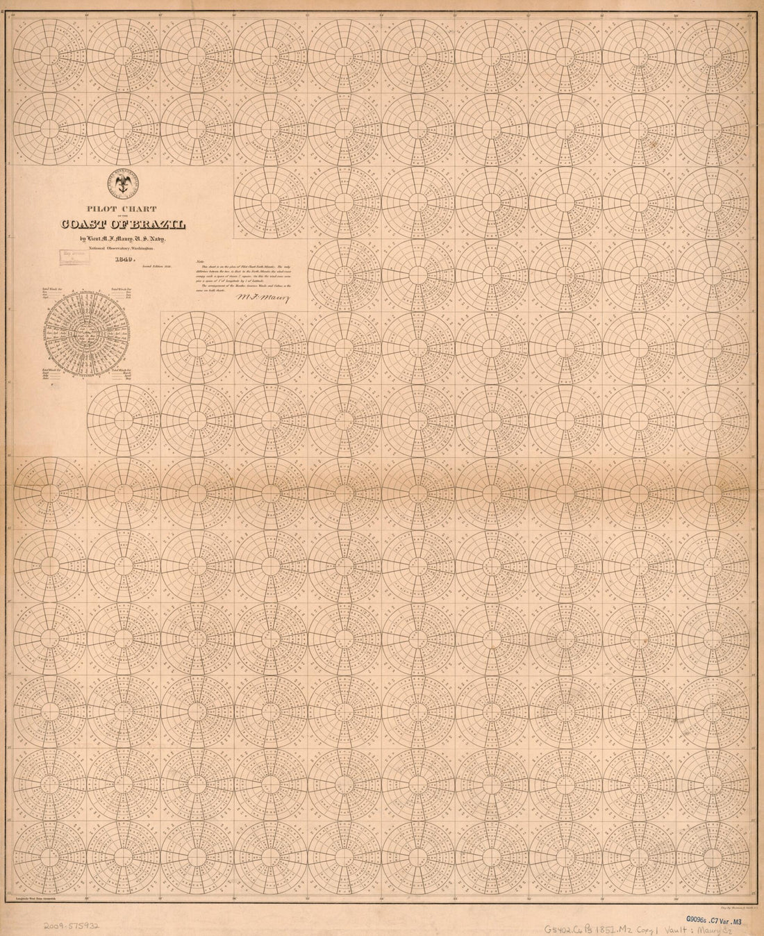 This old map of Pilot Chart of the Coast of Brazil (Coast of Brazil) from 1852 was created by Matthew Fontaine Maury,  Sherman & Smith,  United States Naval Observatory,  United States. Bureau of Ordnance and Hydrography,  United States. Hydrographic Off
