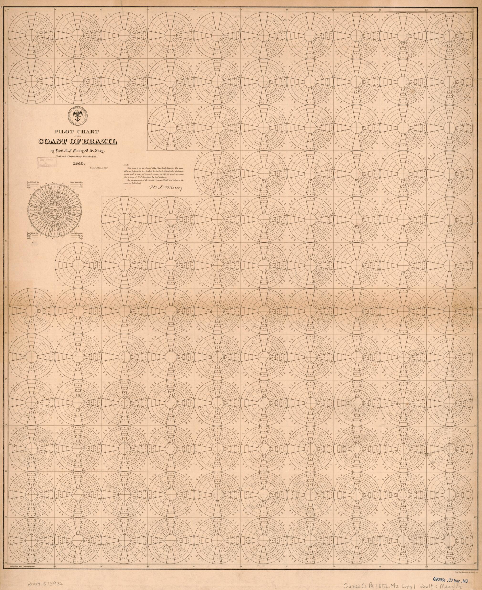 This old map of Pilot Chart of the Coast of Brazil (Coast of Brazil) from 1852 was created by Matthew Fontaine Maury, Sherman & Smith, United States Naval Observatory, United States. Bureau of Ordnance and Hydrography, United States. Hydrographic Off