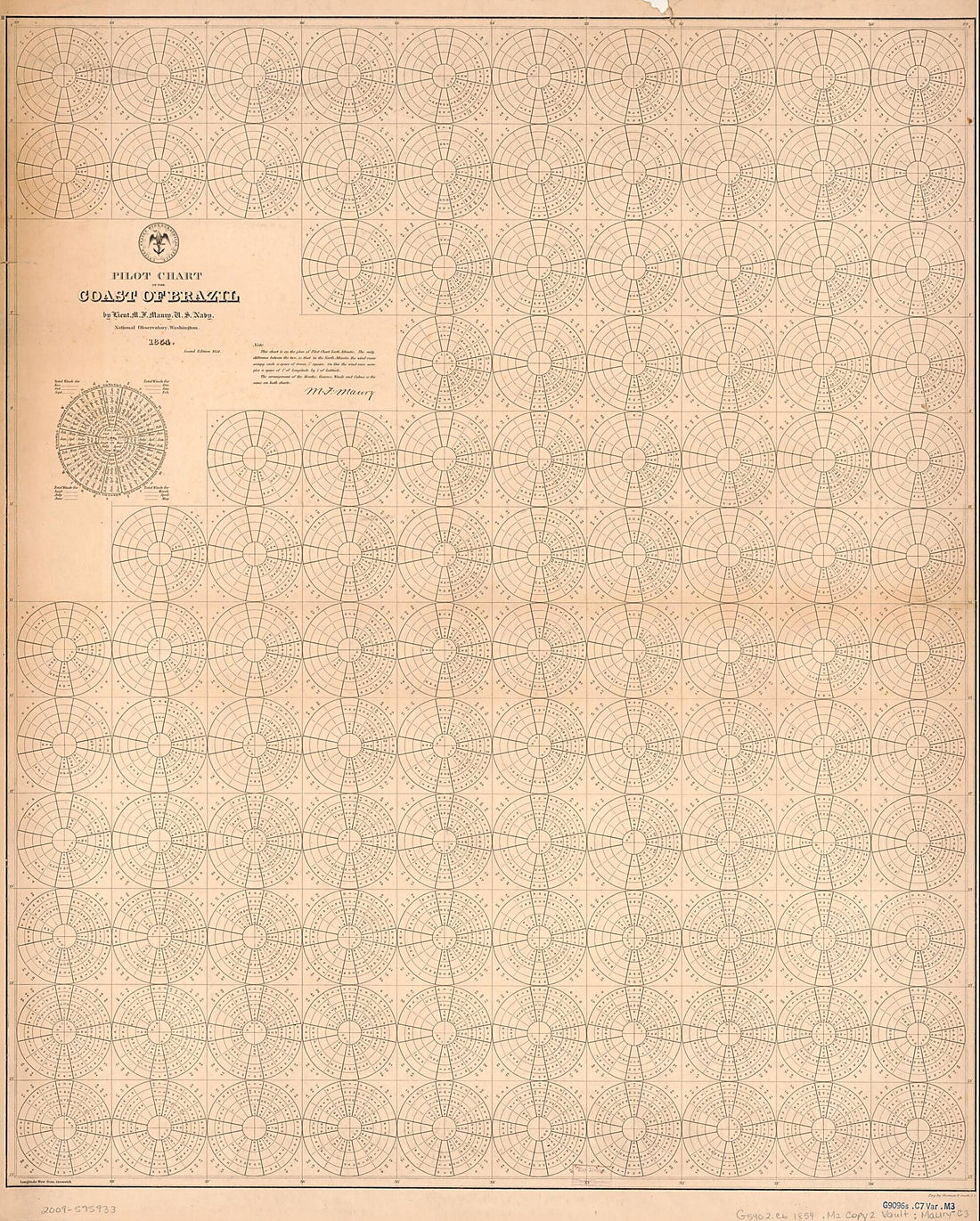 This old map of Pilot Chart of the Coast of Brazil (Coast of Brazil) from 1854 was created by Matthew Fontaine Maury, Sherman & Smith, United States Naval Observatory, United States. Bureau of Ordnance and Hydrography, United States. Hydrographic Off