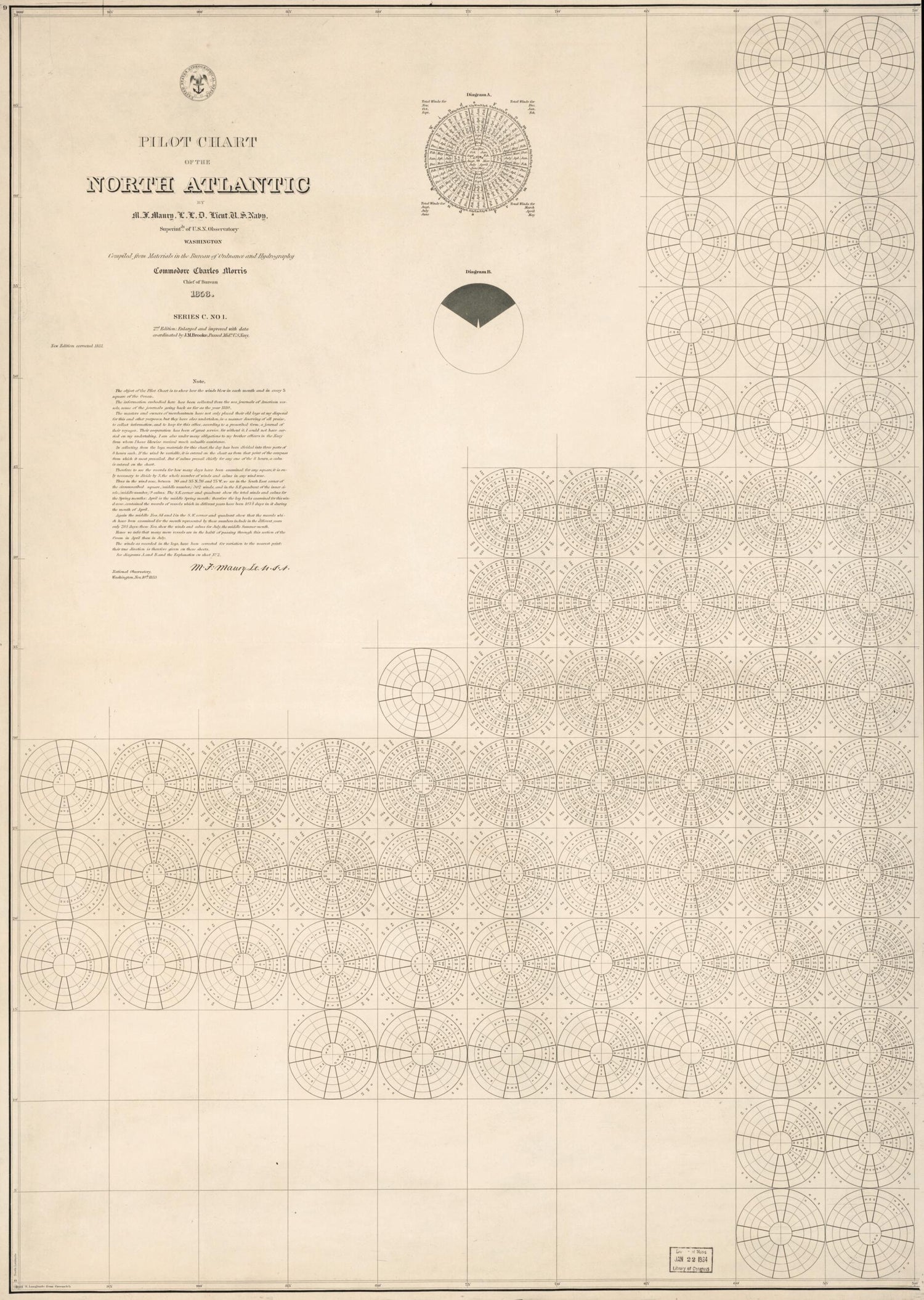 This old map of Pilot Chart of the North Atlantic from 1853 was created by John M. (John Mercer) Brooke, Matthew Fontaine Maury,  United States Naval Observatory,  United States. Bureau of Ordnance and Hydrography,  United States. Hydrographic Office in