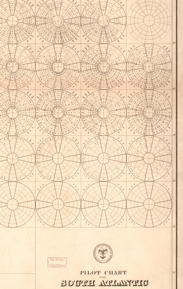 This old map of Pilot Chart of the South Atlantic (South Atlantic) from 1853 was created by Matthew Fontaine Maury,  United States Naval Observatory,  United States. Bureau of Ordnance and Hydrography,  United States. Hydrographic Office, L. (Lewis) Warr