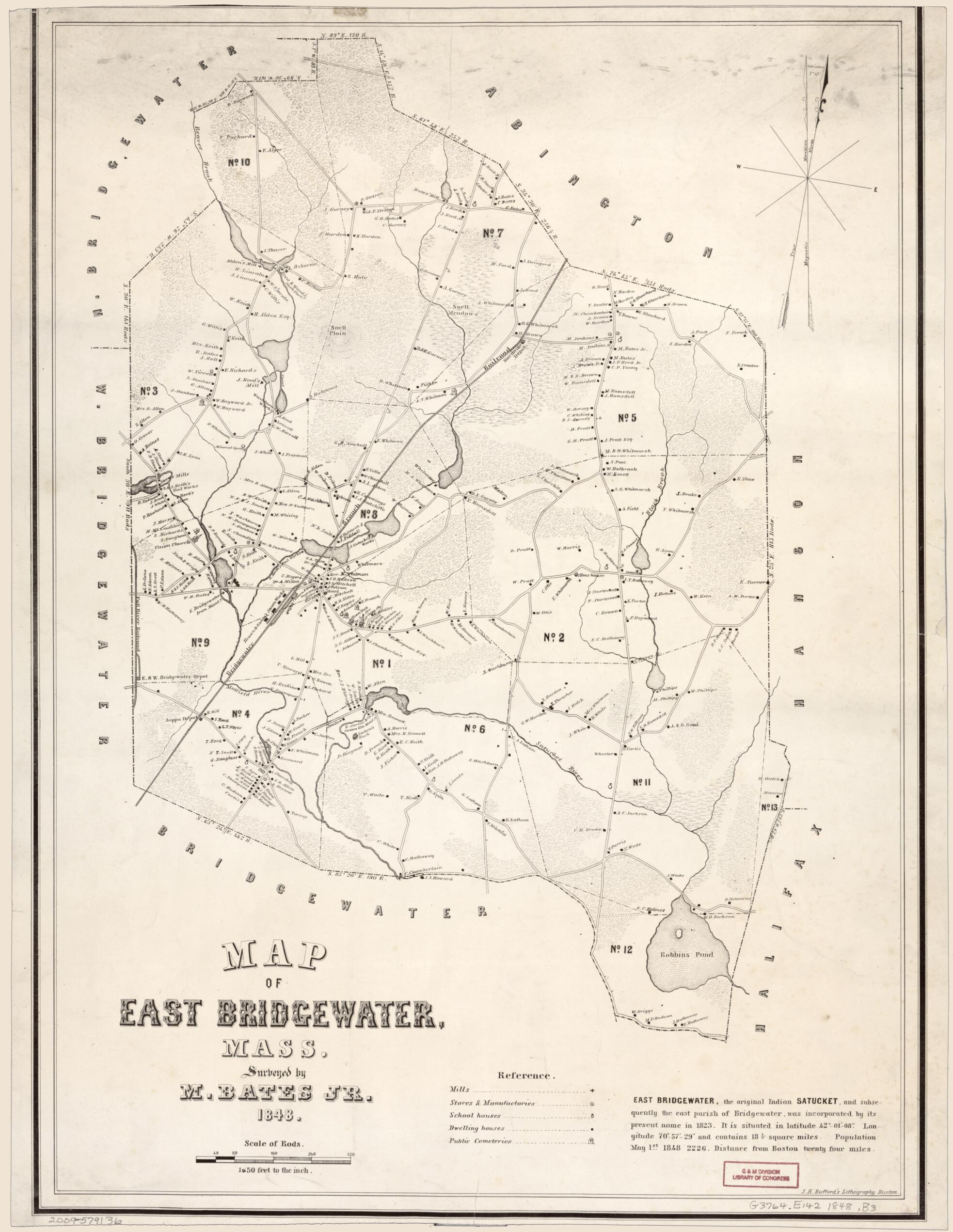 This old map of Map of East Bridgewater, Massachusetts (Map of East Bridgewater, Massachusetts) from 1848 was created by M. Bates, Bufford&