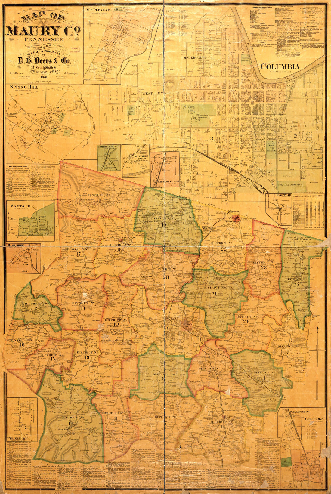 This old map of Map of Maury Co., Tennessee : from New and Actual Surveys (Map of Maury County, Tennessee) from 1878 was created by D.G. Beers & Co, F. Bourquin & Co, Worley & Bracher in 1878