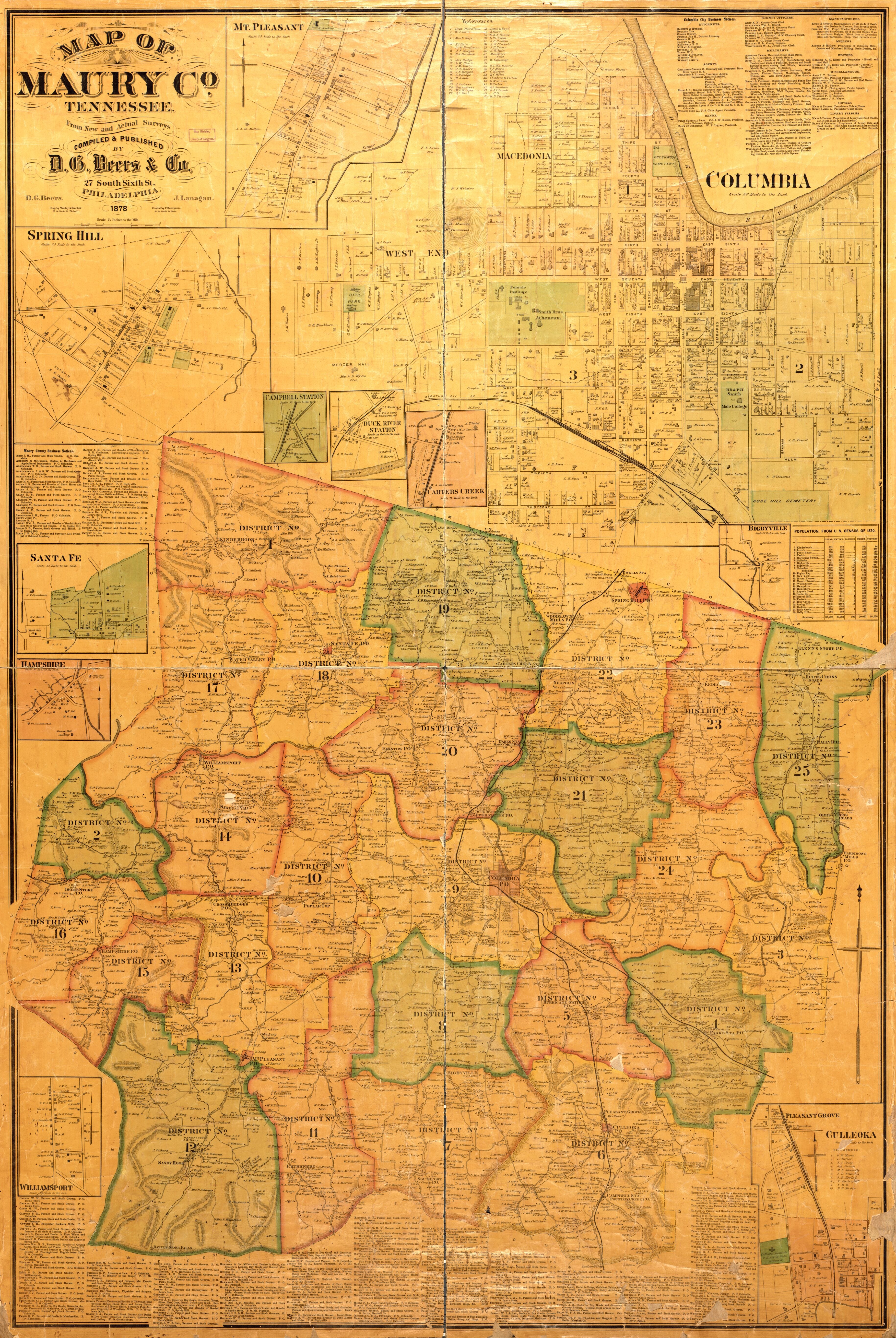 This old map of Map of Maury Co., Tennessee : from New and Actual Surveys (Map of Maury County, Tennessee) from 1878 was created by D.G. Beers & Co, F. Bourquin & Co, Worley & Bracher in 1878