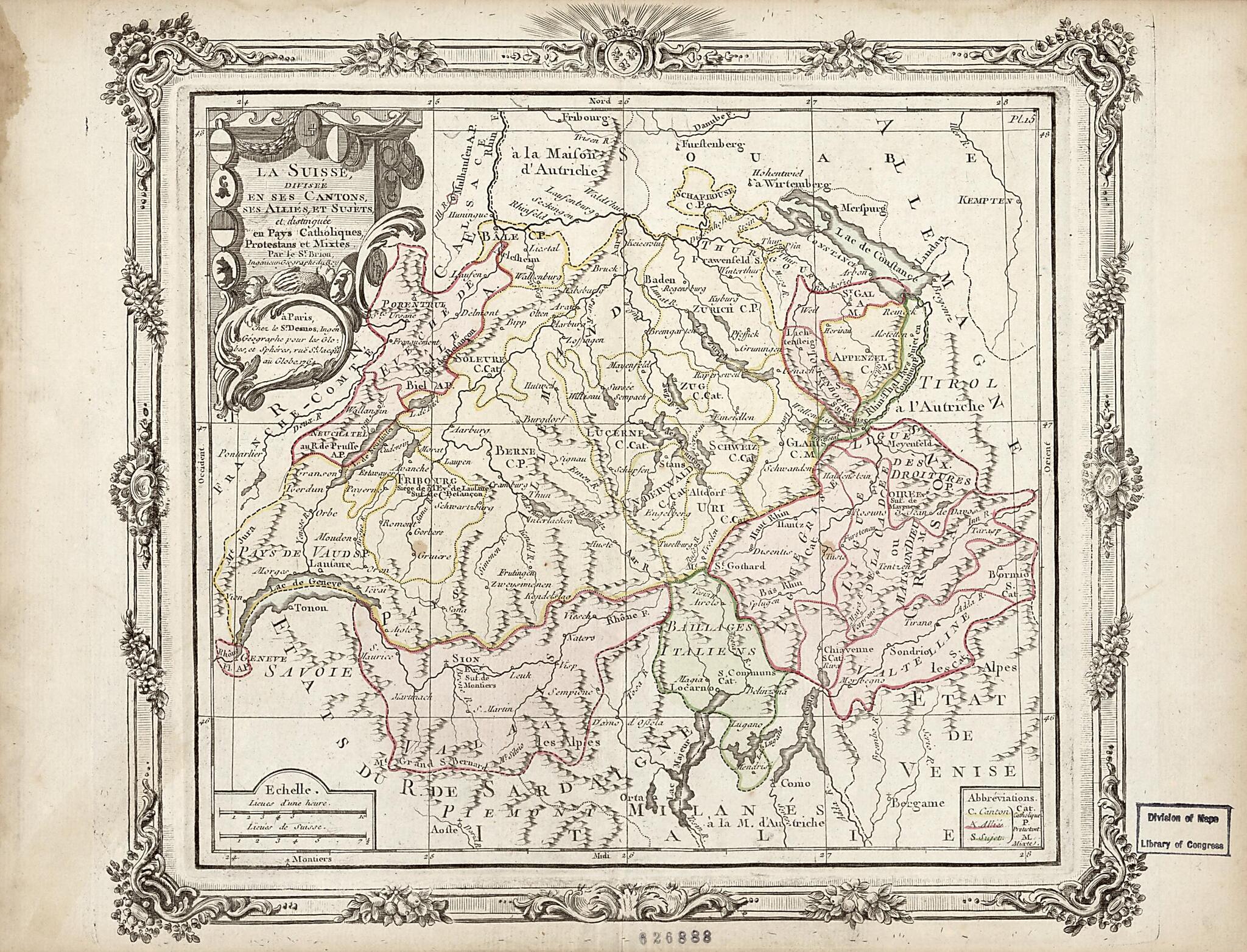 This old map of La Suisse, Diviseé En Ses Cantons, Ses Alliés, Et Sujèts, Et. Distingée En Pays Catholiques, Protestans Et Mixtes from 1764 was created by Louis Brion De La Tour in 1764