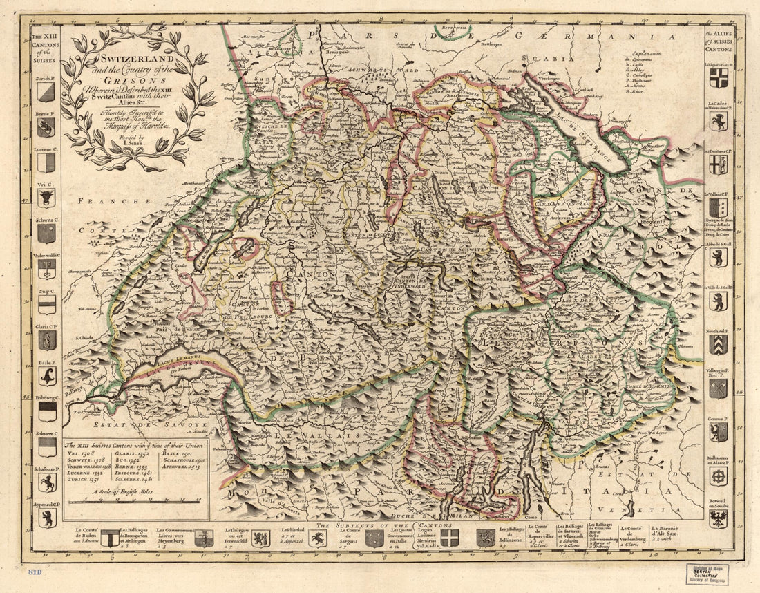 This old map of Switzerland and the Country of the Grisons : Wherein Is Described the XIII Switz Cantons With Their Allies &c from 1721 was created by John Senex in 1721