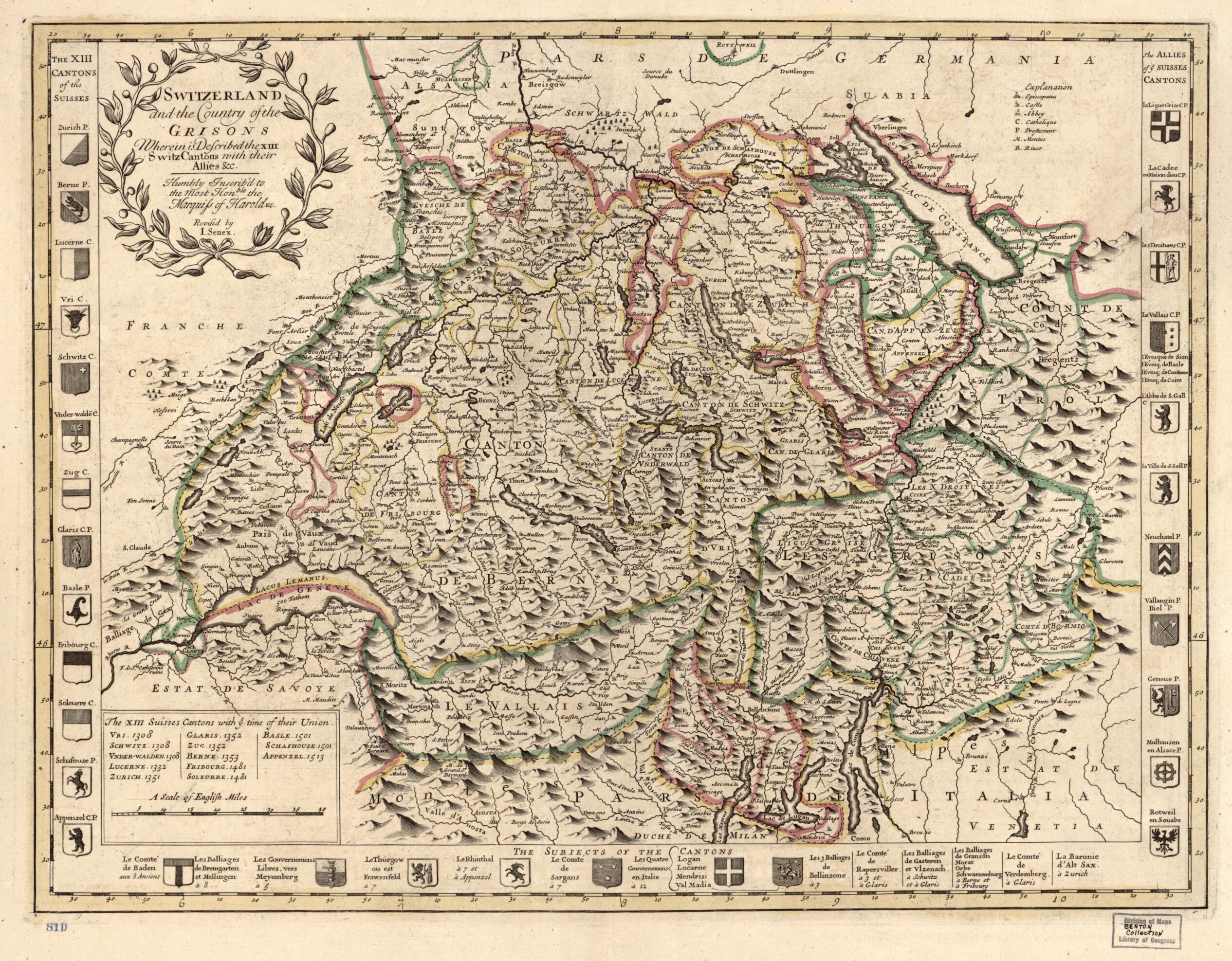 This old map of Switzerland and the Country of the Grisons : Wherein Is Described the XIII Switz Cantons With Their Allies &c from 1721 was created by John Senex in 1721
