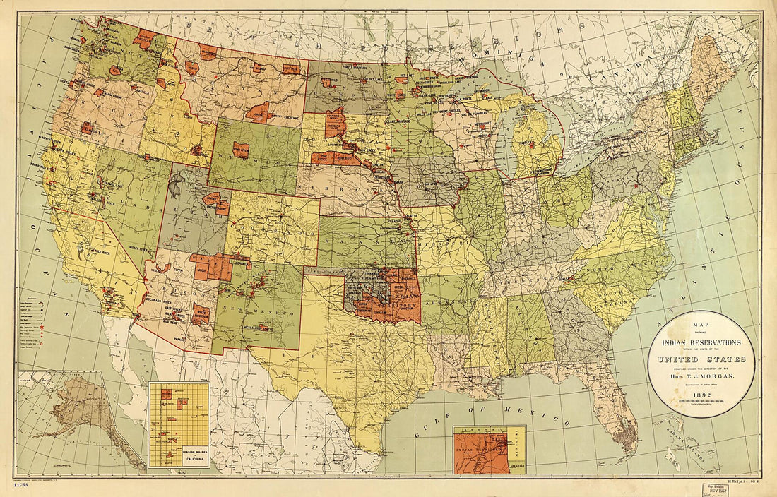 This old map of Map Showing Indian Reservations Within the Limits of the United States from 1892 was created by T. J. (Thomas Jefferson) Morgan, United States. Office of Indian Affairs in 1892