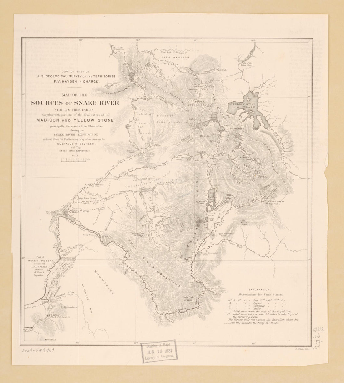 This old map of Map of the Sources of Snake River : With Its Tributaries Together With Portions of the Headwaters of the Madison and Yellowstone from Surveys and Observations of the Snake River Expedition from 1870 was created by Gustavus R. Bechler, F.