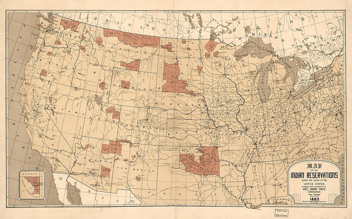 Map Showing Indian Reservations With the Limits of the United States : 1883 by Relic Map Company