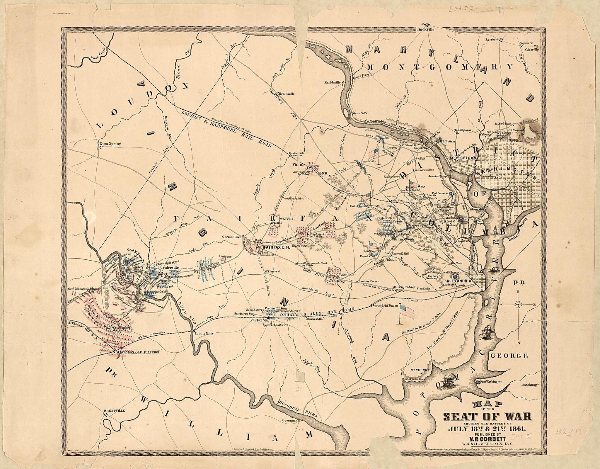 This old map of Map of the Seat of War Showing the Battles of July 18th & 21st from 1861 was created by A. Hoen & Co, V. P. Corbett in 1861