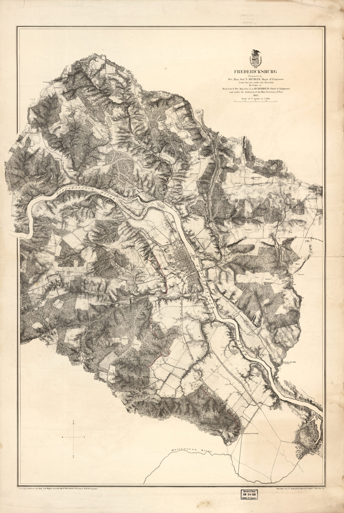 This old map of Fredericksburg. Dec. 1862 from 1867 was created by N. (Nathaniel) Michler in 1867