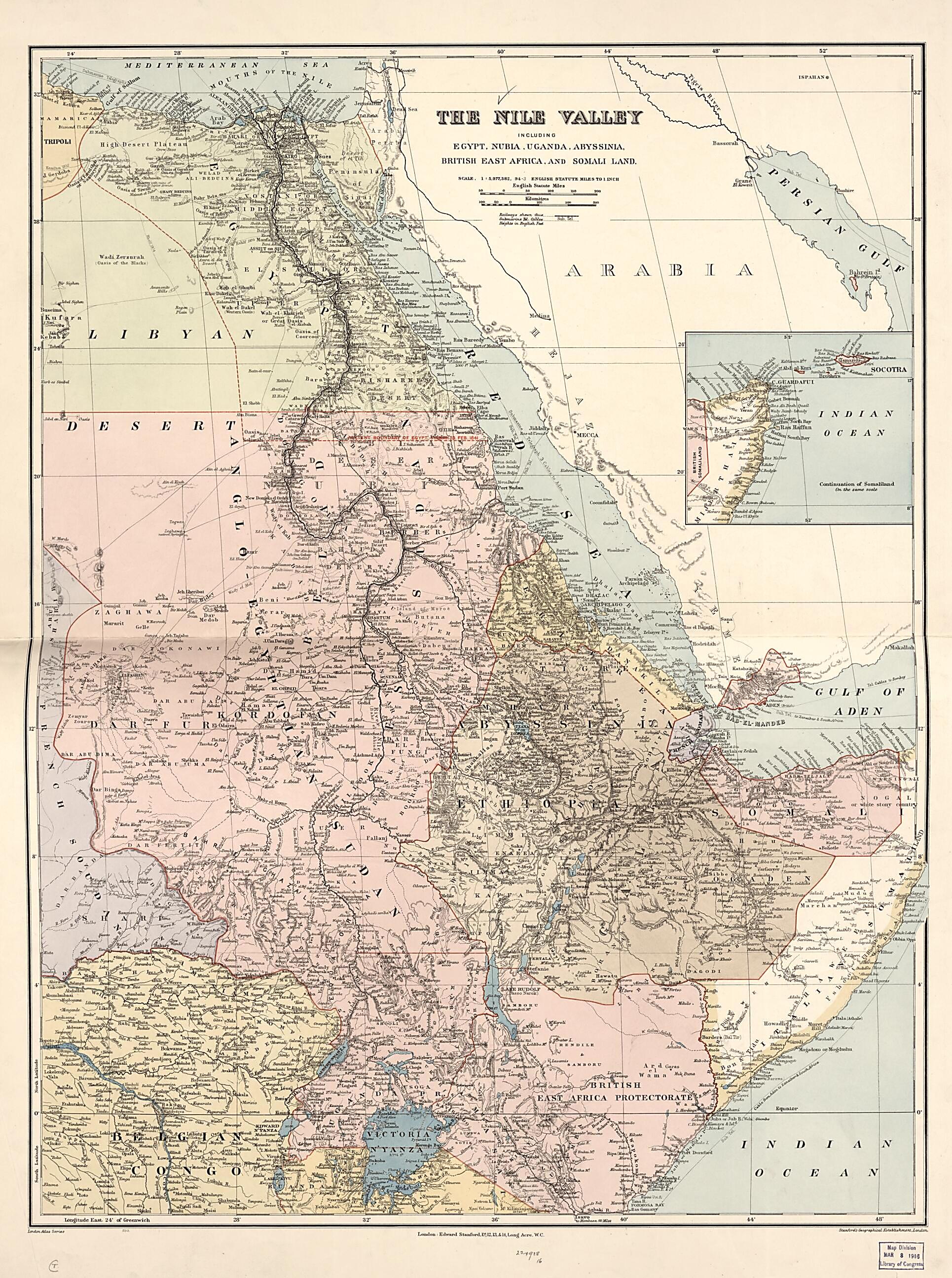 This old map of The Nile Valley : Including Egypt, Nubia, Uganda, Abyssinia, British East Africa, and Somali Land (London Atlas Map of the Nile Valley) from 1910 was created by Edward Stanford Ltd in 1910