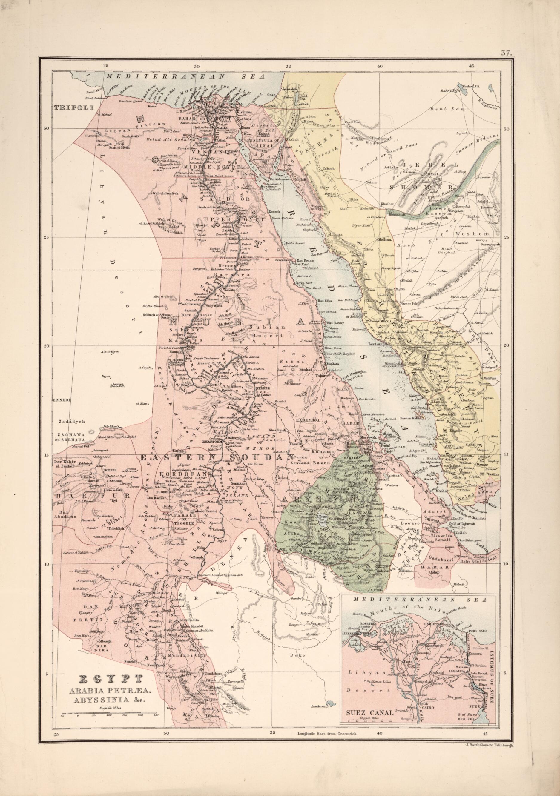 This old map of Egypt, Arabia Petræa, Abyssinia, &c from 1885 was created by J. G. (John George) Bartholomew in 1885