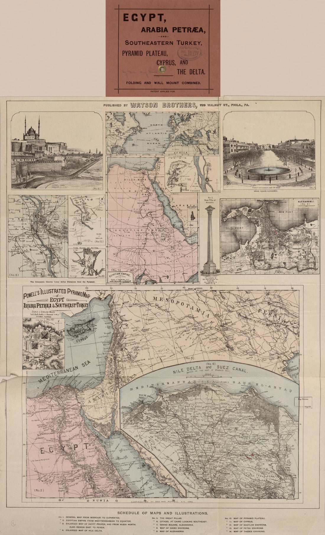 This old map of Egypt, Arabia Petræa, and Southeastern Turkey : Pyramid Plateau, Cyprus and the Delta from 1882 was created by Geo. May Powell in 1882