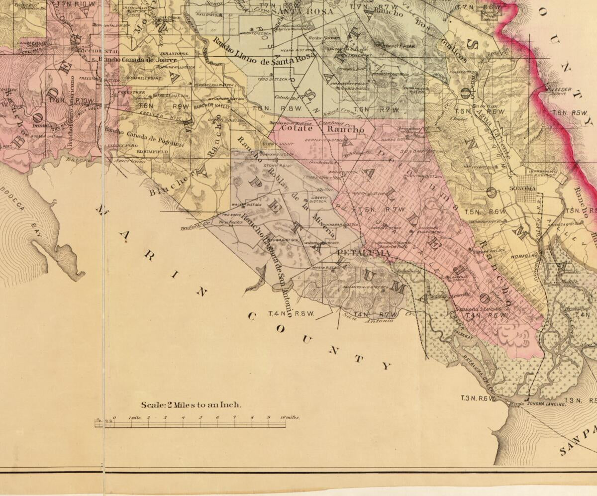 This old map of Map of Sonoma County, California : Showing New Boundary Lines of County and Townships, Private Claims and Ranches, Government Townships and Section Lines, Rail Roads and Public Roads, Water Works, Cities, Towns, School Districts, Etc from