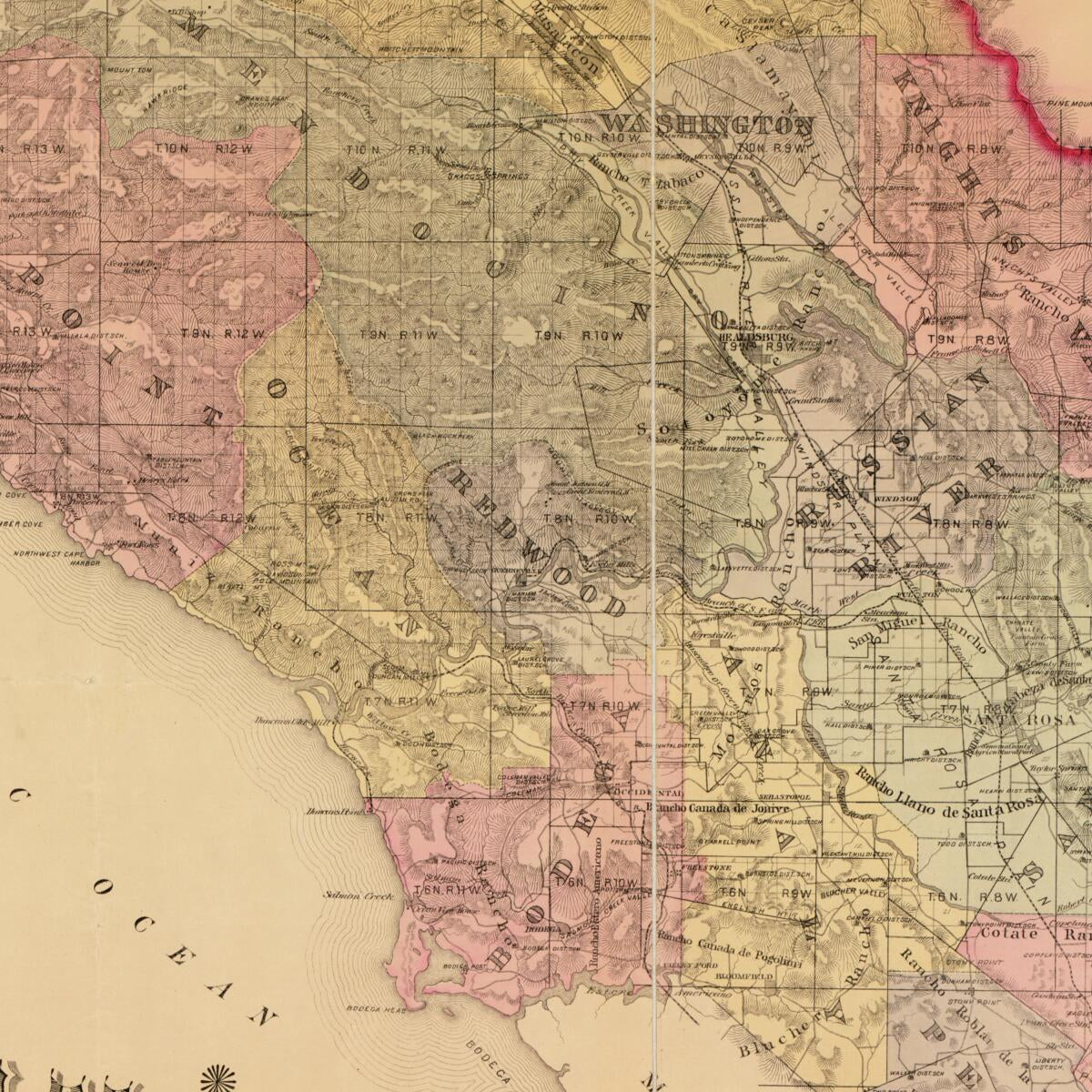 This old map of Map of Sonoma County, California : Showing New Boundary Lines of County and Townships, Private Claims and Ranches, Government Townships and Section Lines, Rail Roads and Public Roads, Water Works, Cities, Towns, School Districts, Etc from