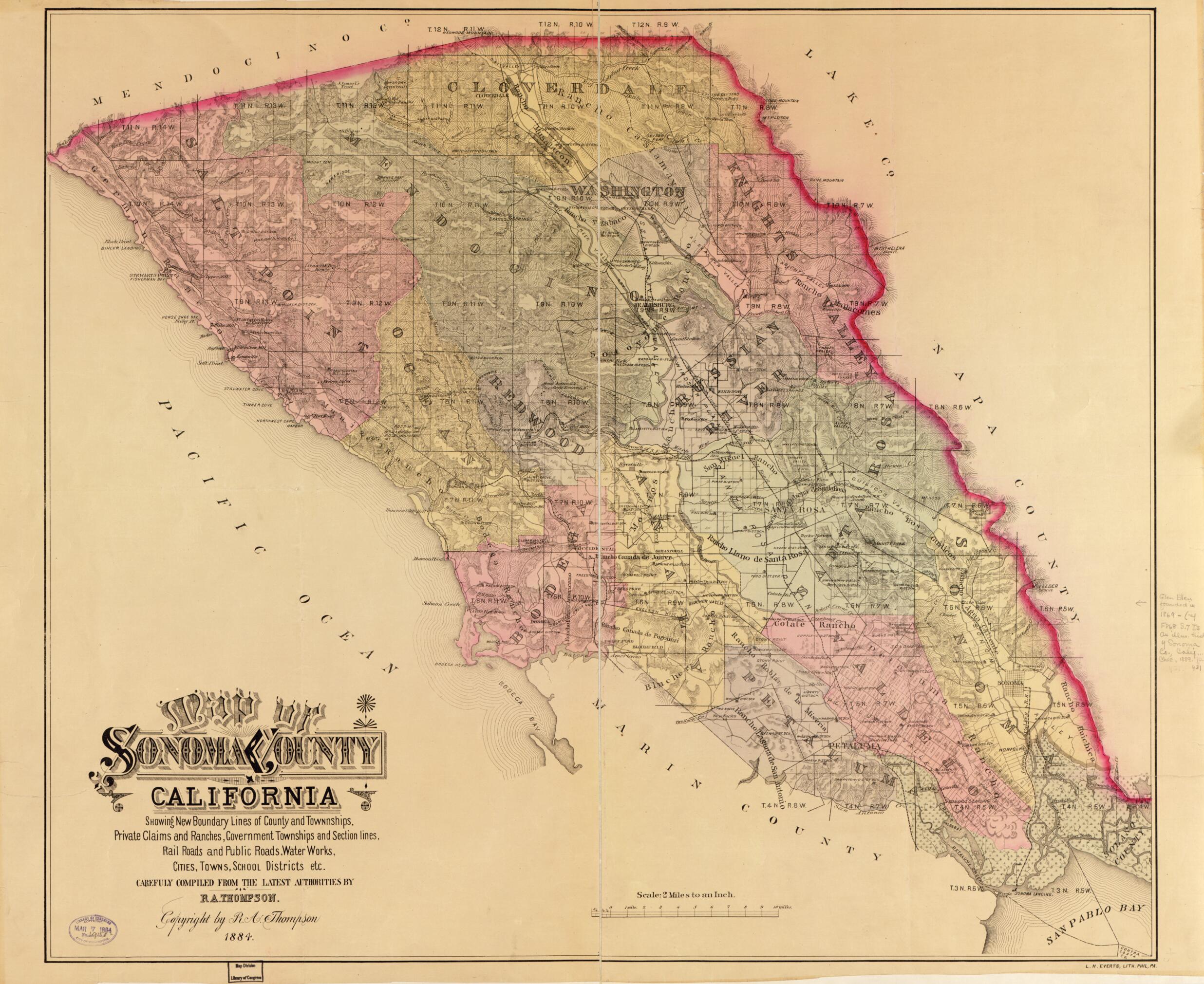 This old map of Map of Sonoma County, California : Showing New Boundary Lines of County and Townships, Private Claims and Ranches, Government Townships and Section Lines, Rail Roads and Public Roads, Water Works, Cities, Towns, School Districts, Etc from