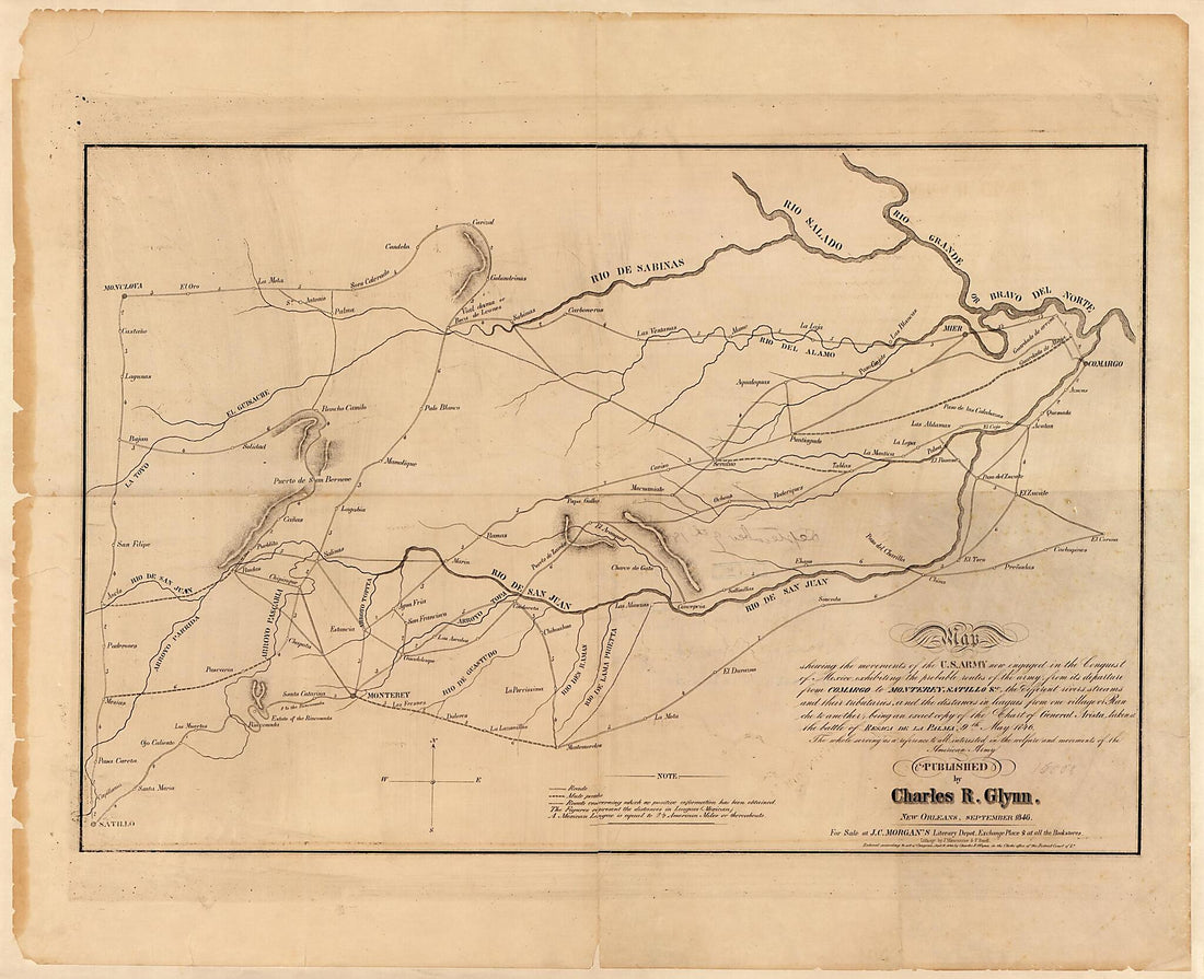 This old map of Map Shewing the Movements of the U.S. Army Now Engaged In the Conquest of Mexico : Exhibiting the Probable Routes of the Army from Its Departure from Comargo to Monterey, Satillo &c. from 1846 was created by Charles R. Glynn in 1846