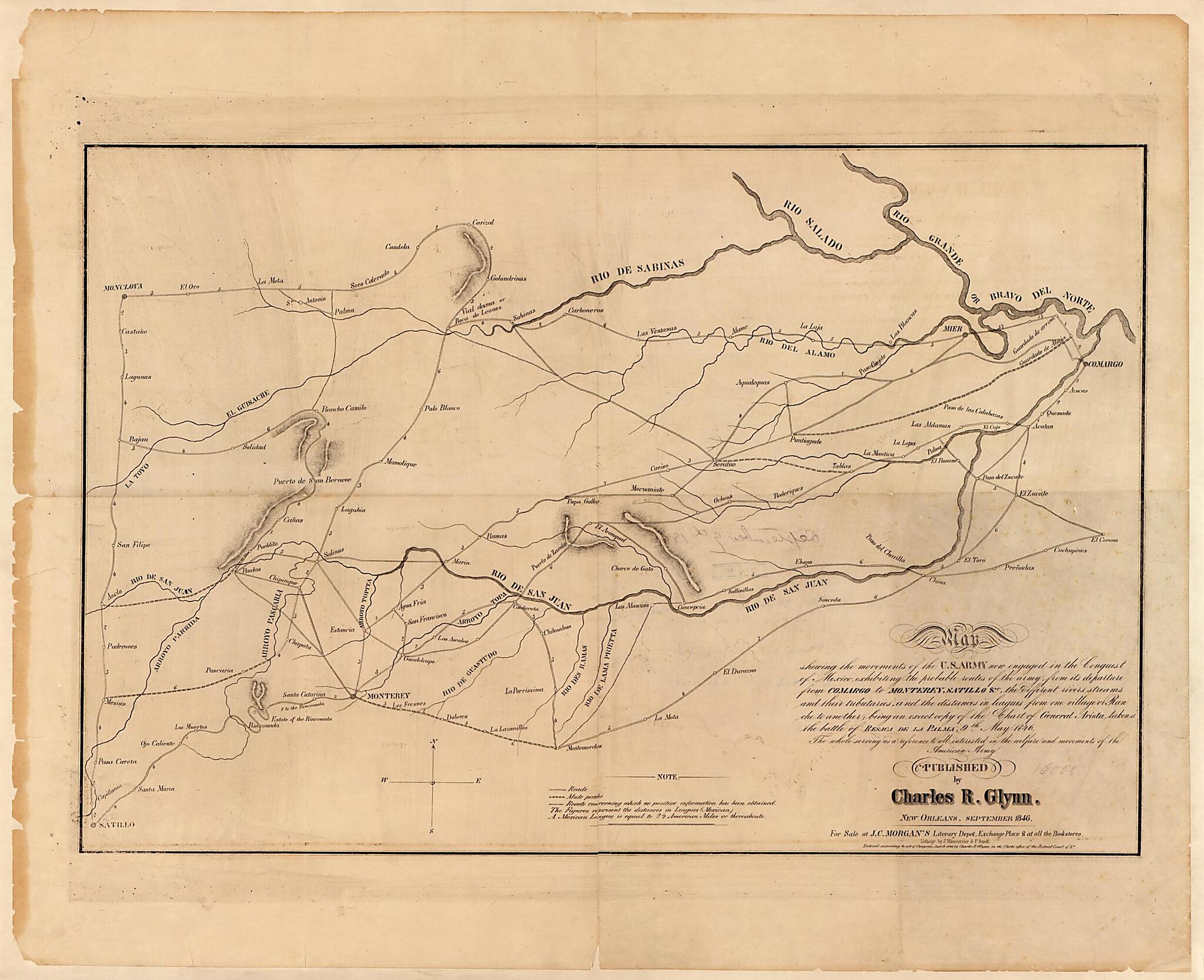 This old map of Map Shewing the Movements of the U.S. Army Now Engaged In the Conquest of Mexico : Exhibiting the Probable Routes of the Army from Its Departure from Comargo to Monterey, Satillo &c. from 1846 was created by Charles R. Glynn in 1846